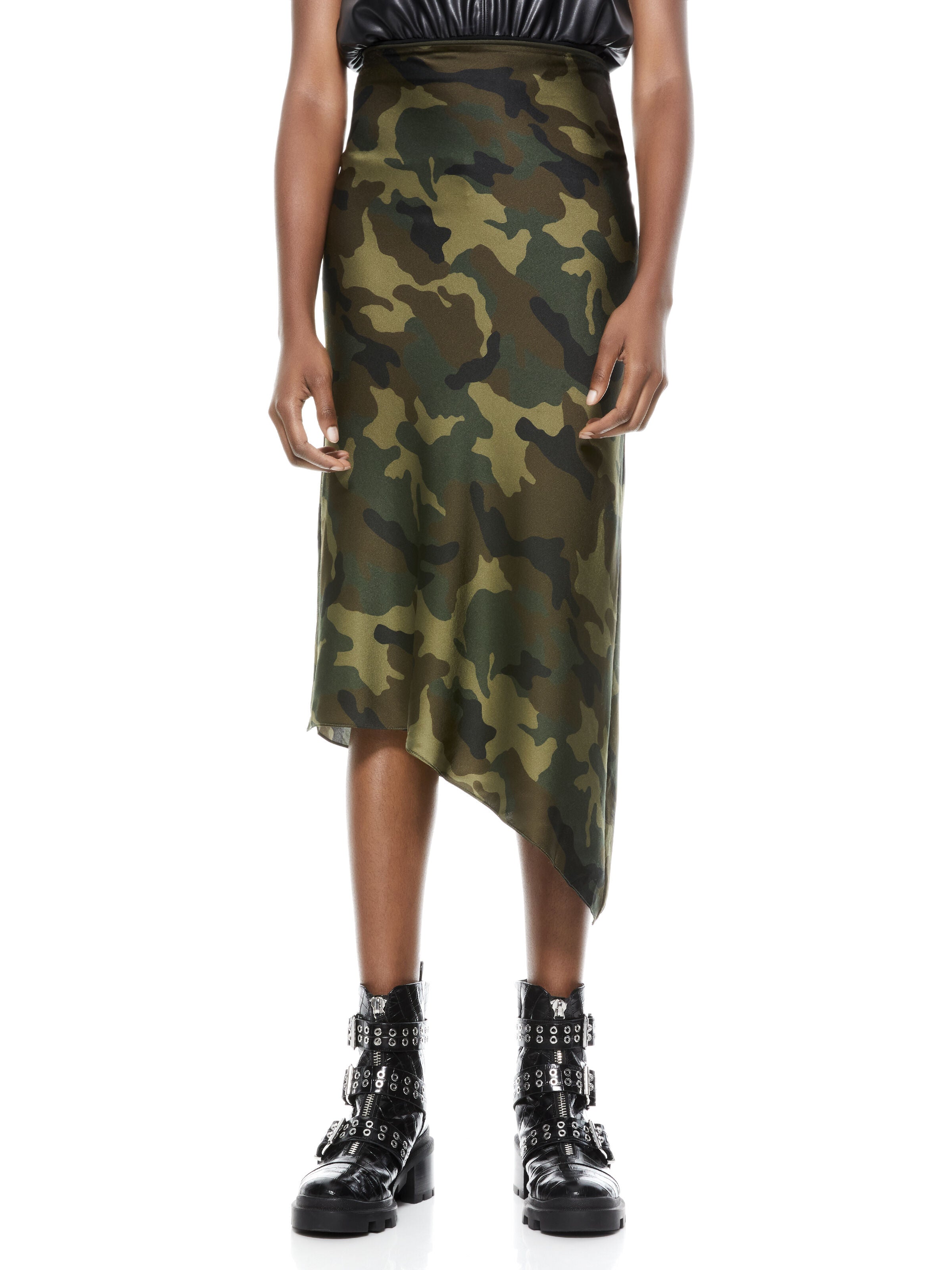 MAEVE CAMO ASYMMETRICAL SLIP SKIRT