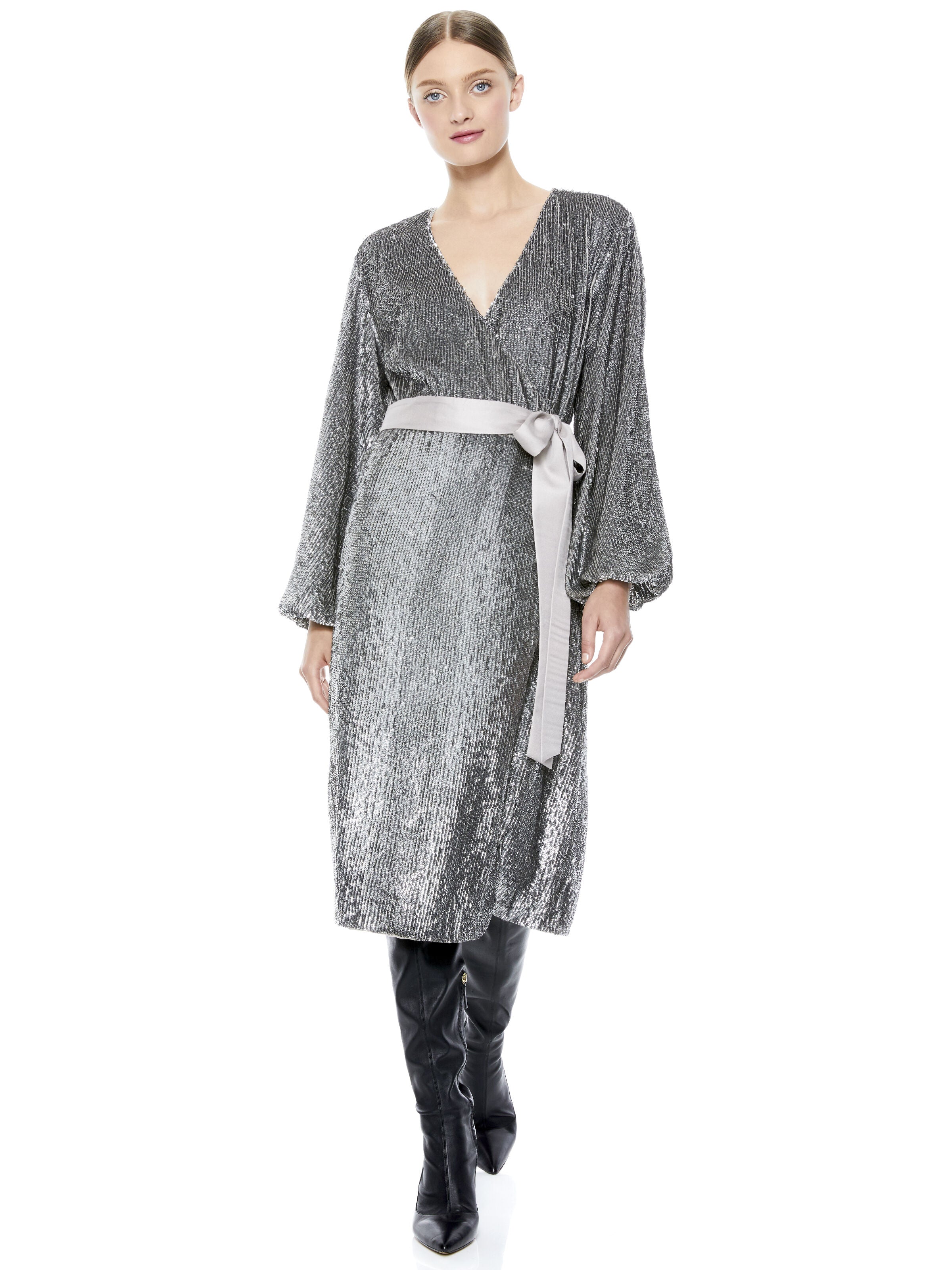 ANNE SEQUIN WRAP MIDI DRESS