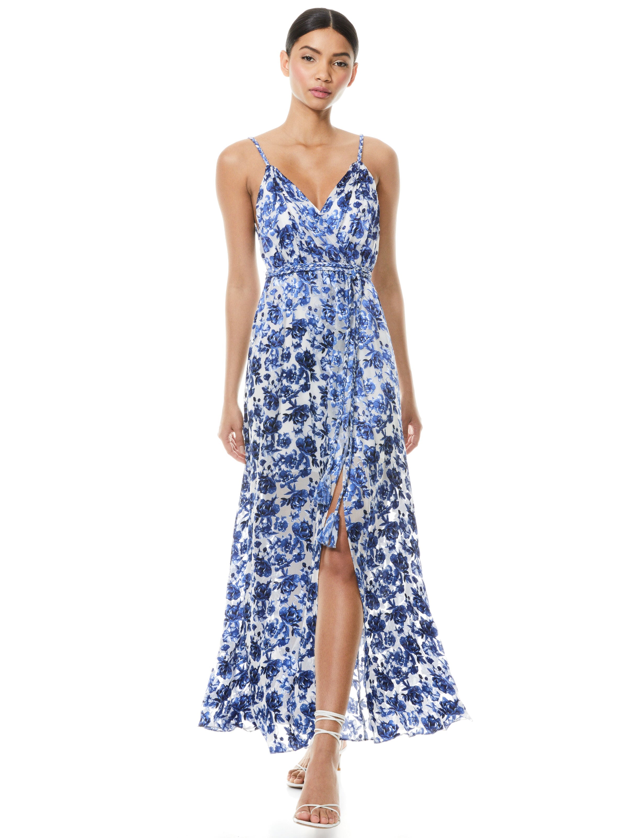 SAMANTHA BELTED FLORAL MAXI DRESS in FORGET ME NOT LG ANTIQUE WHITE