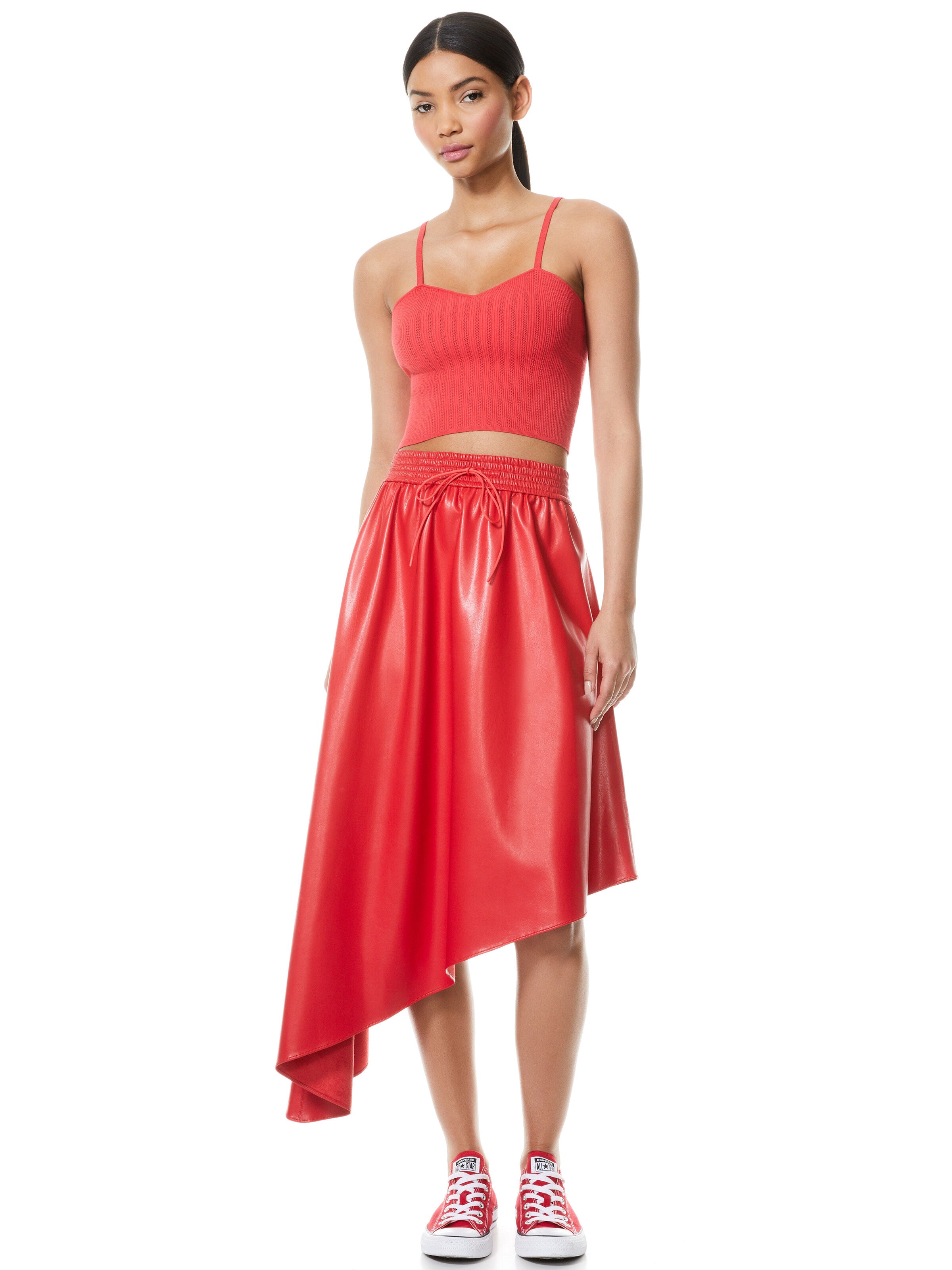 NATALINA VEGAN LEATHER ASYMMETRICAL MIDI SKIRT