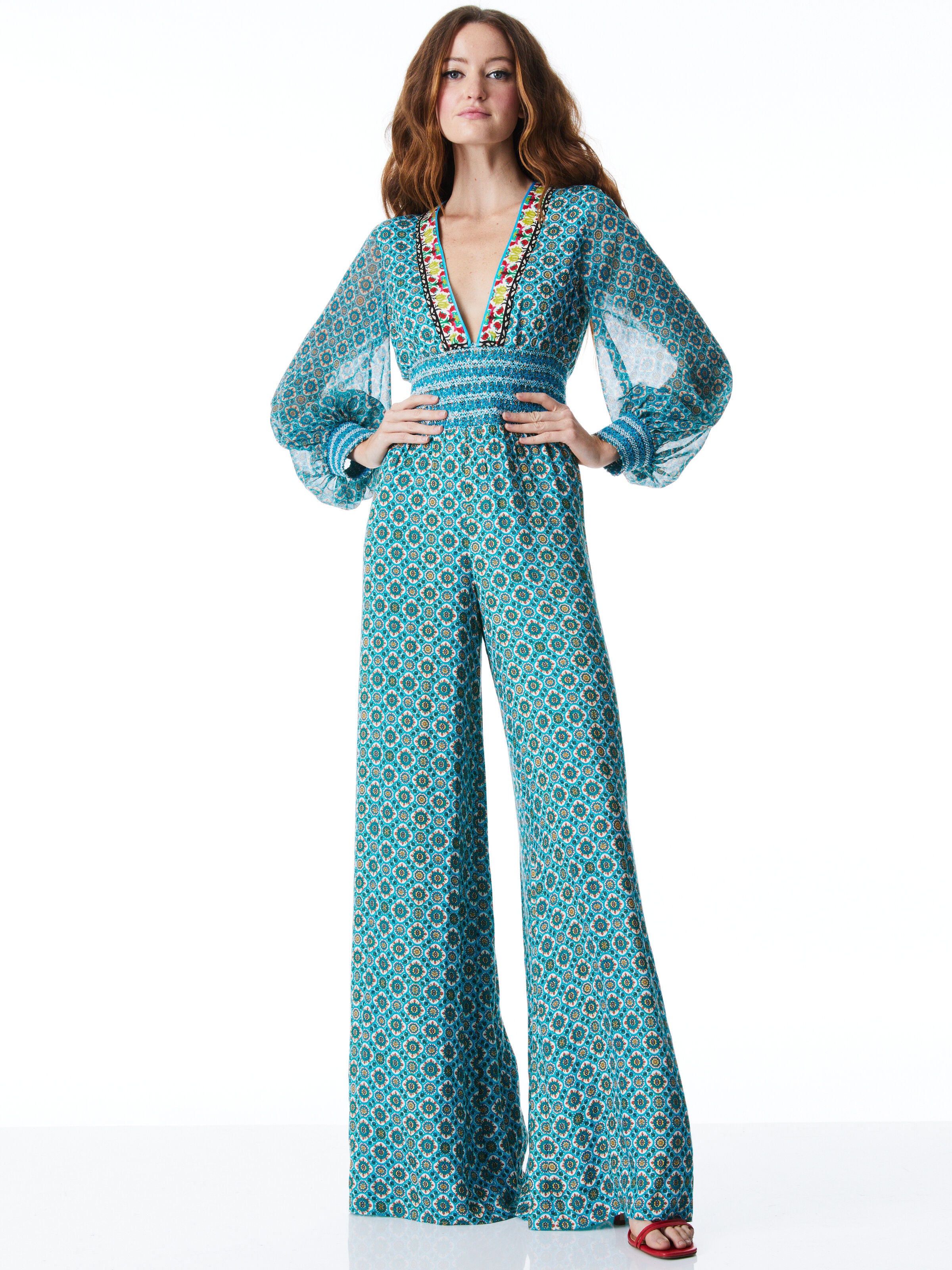 REBA SMOCKED WAIST WIDE LEG JUMPSUIT