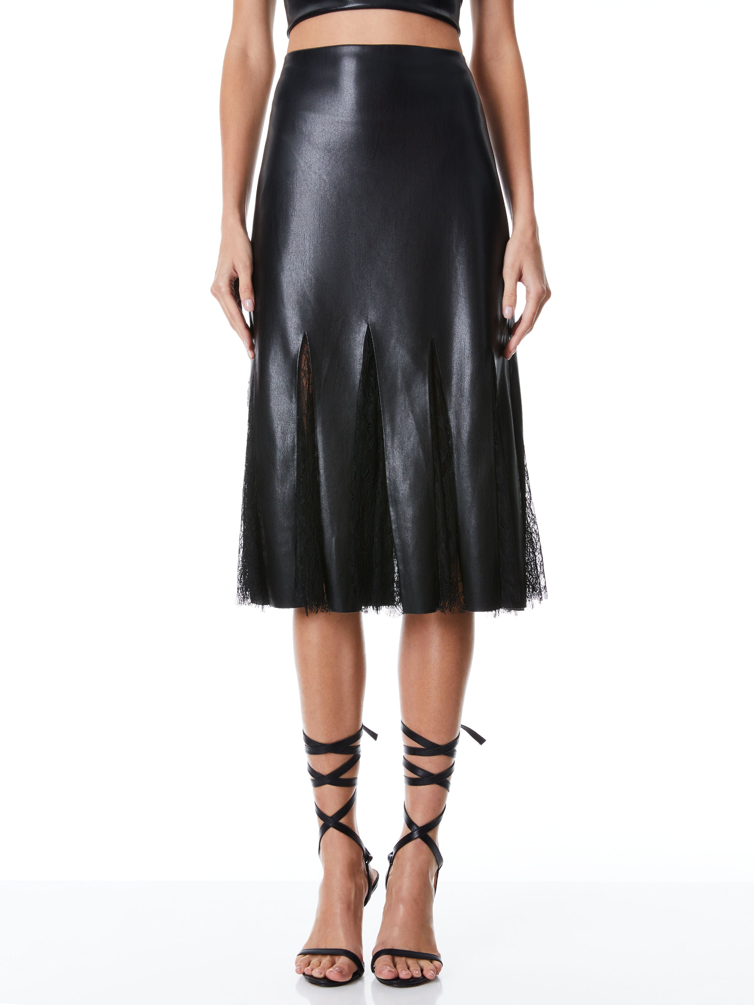 JACQUELINE VEGAN LEATHER MIDI GODET SKIRT