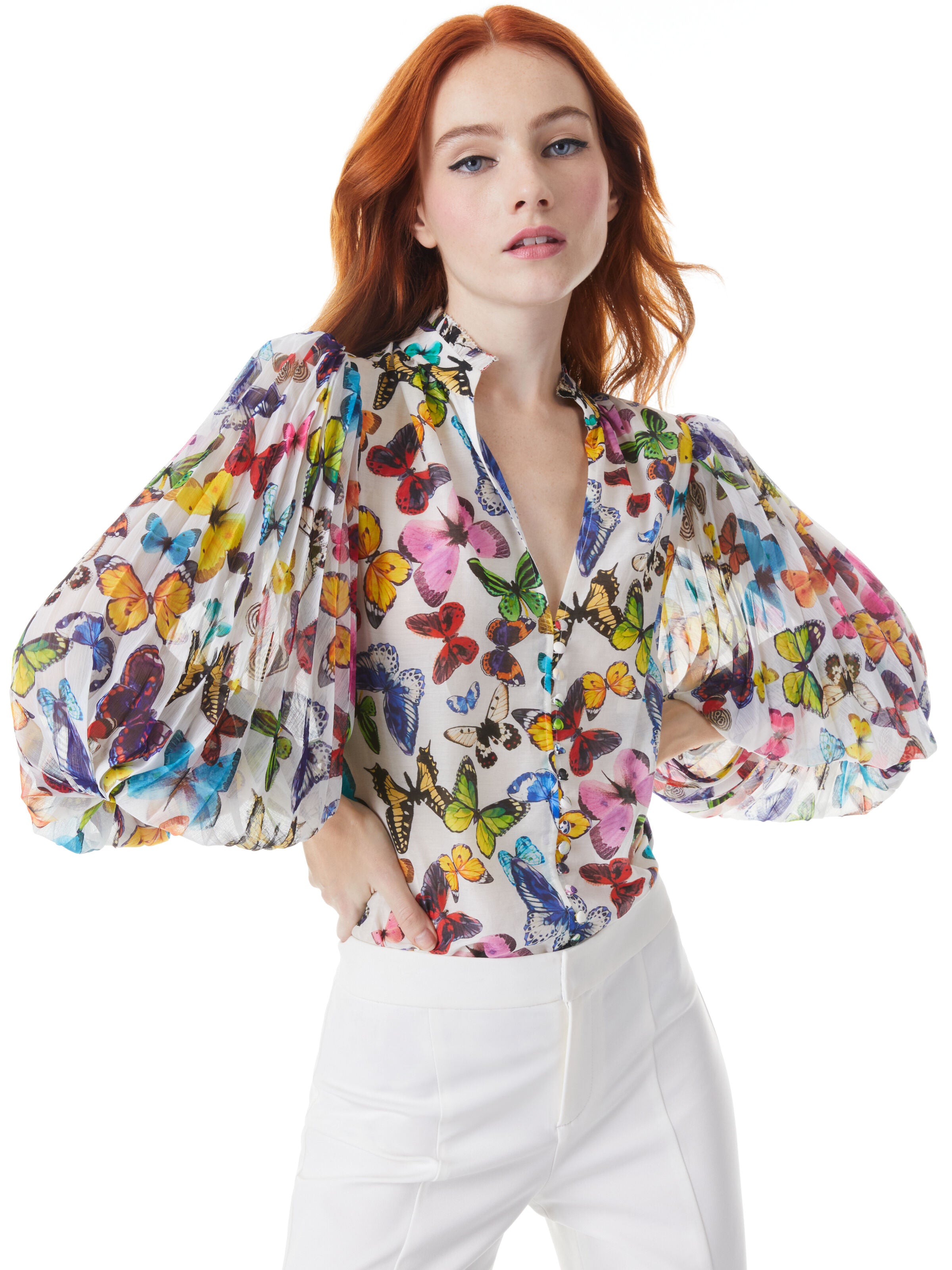 ILAN SMOCKED SLEEVE BUTTON FRONT BLOUSE
