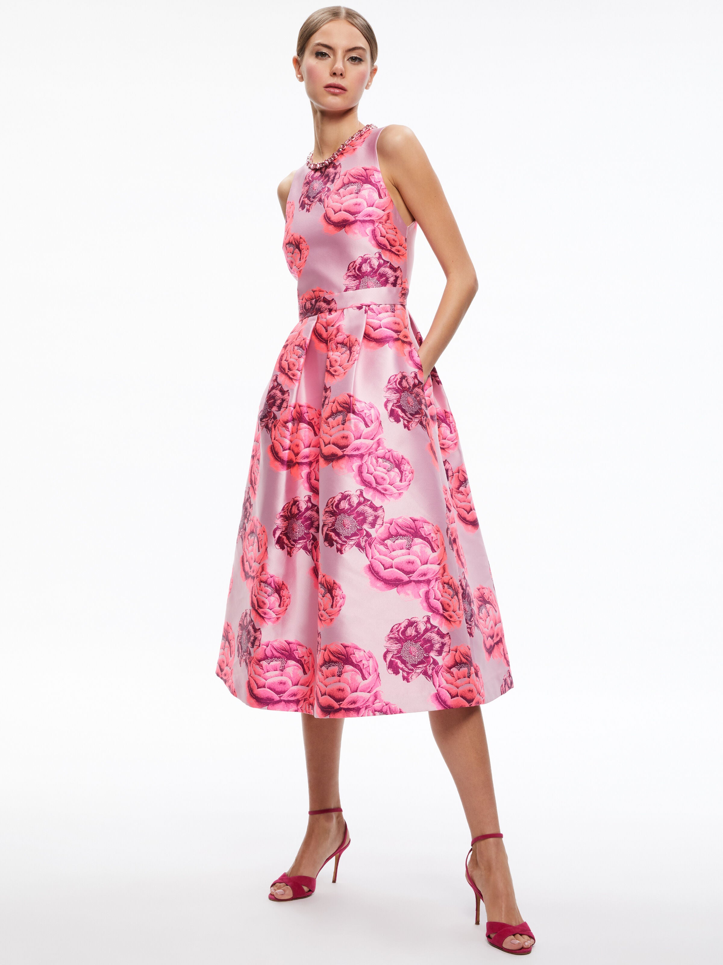 CHERRA EMBELLISHED NECK MIDI DRESS