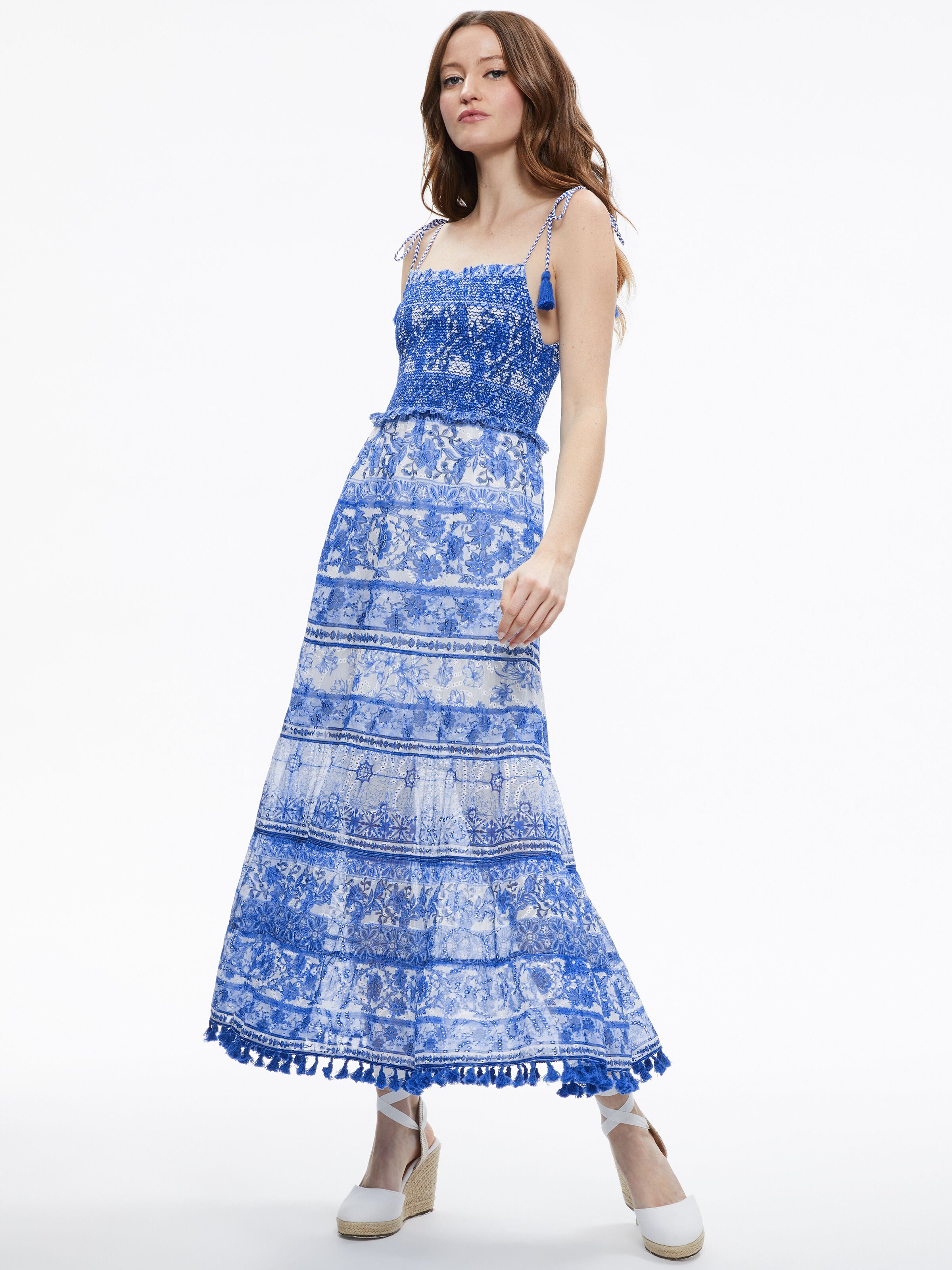 MONNIE SMOCKED TIE STRAP TIERED MIDI DRESS