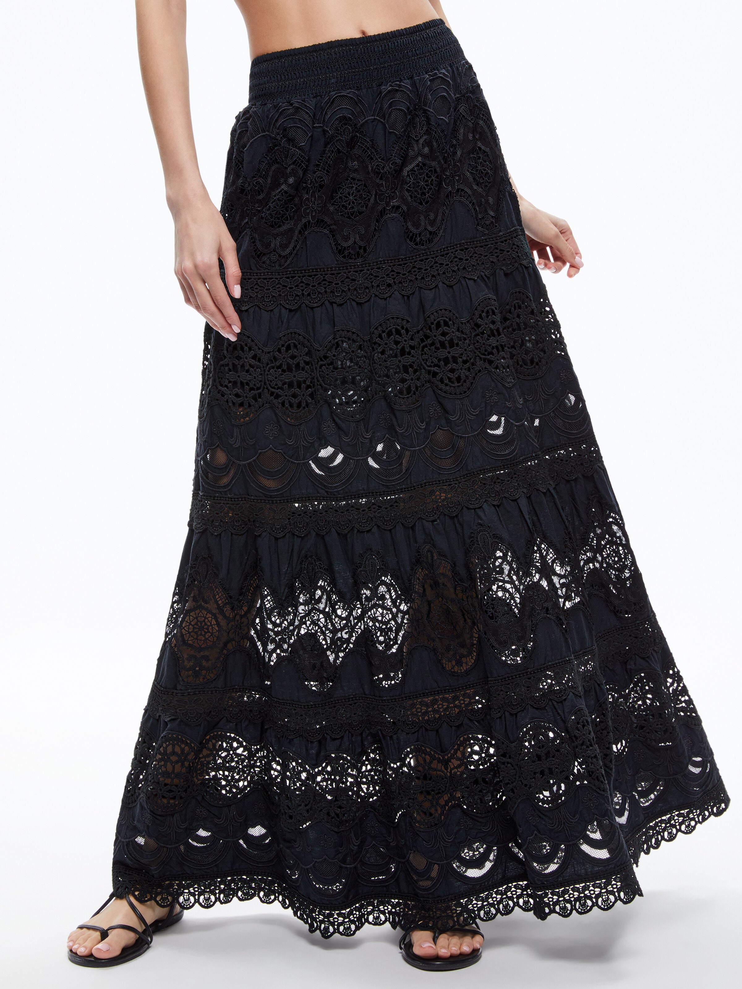 CALI EMBROIDERED TIERED MAXI SKIRT
