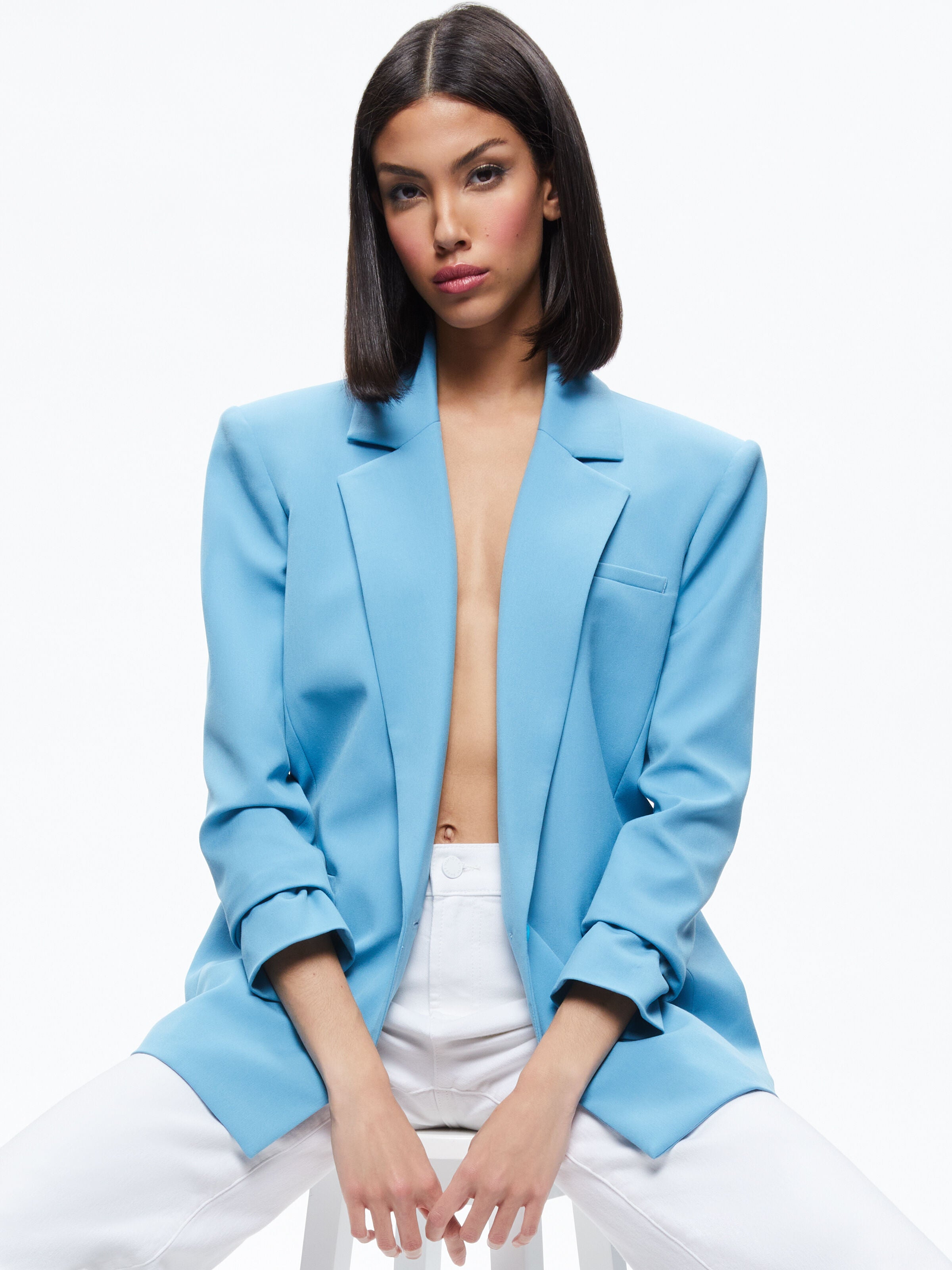 SHAN STRONG SHOULDER RUCHED SLEEVE BLAZER
