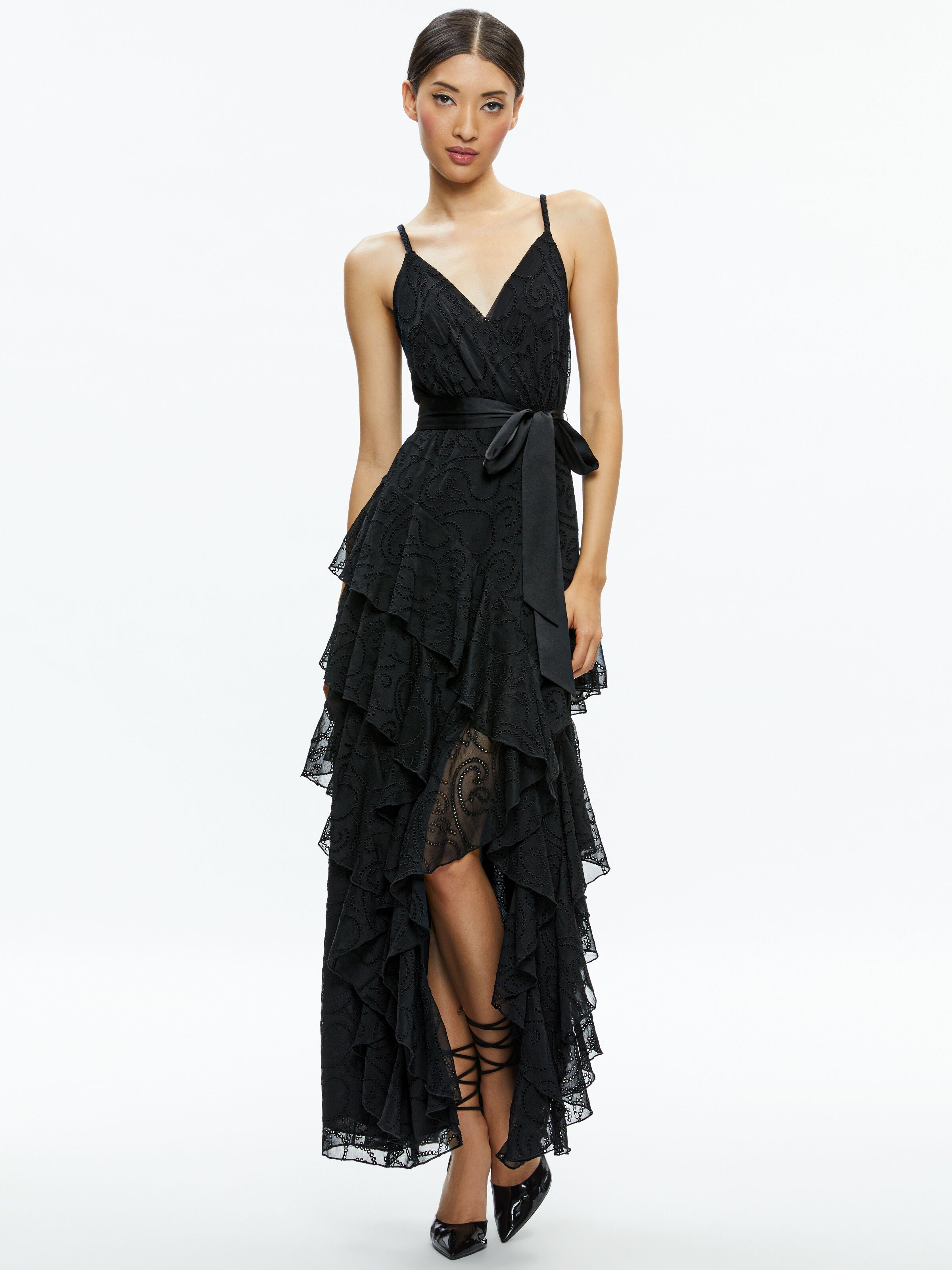 EMELIA V-NECK EYELET RUFFLE MAXI DRESS