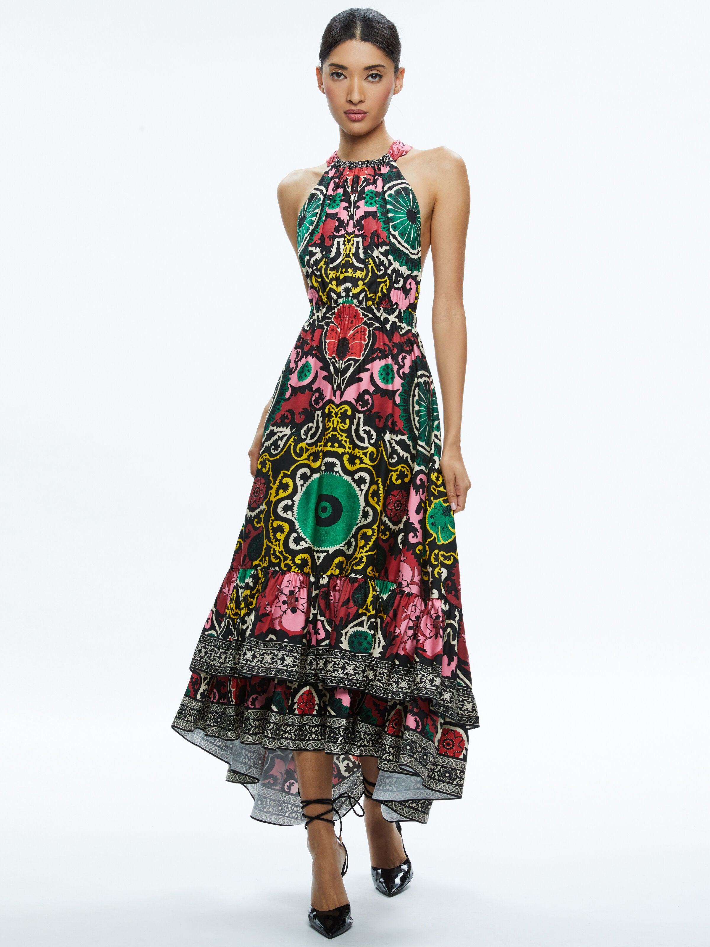ABITO LUNGO LOYCE CON RUFFLES E SCOLLO A TORSIONE SULLA SCHIENA