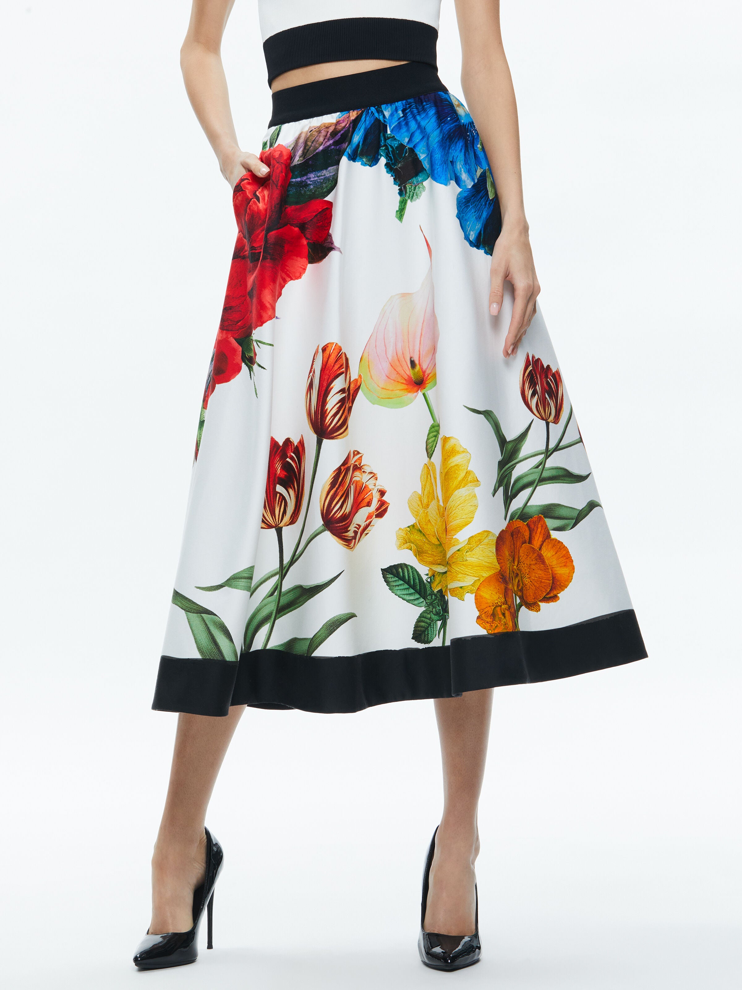 EARLA HIGH RISE FLARED MIDI SKIRT