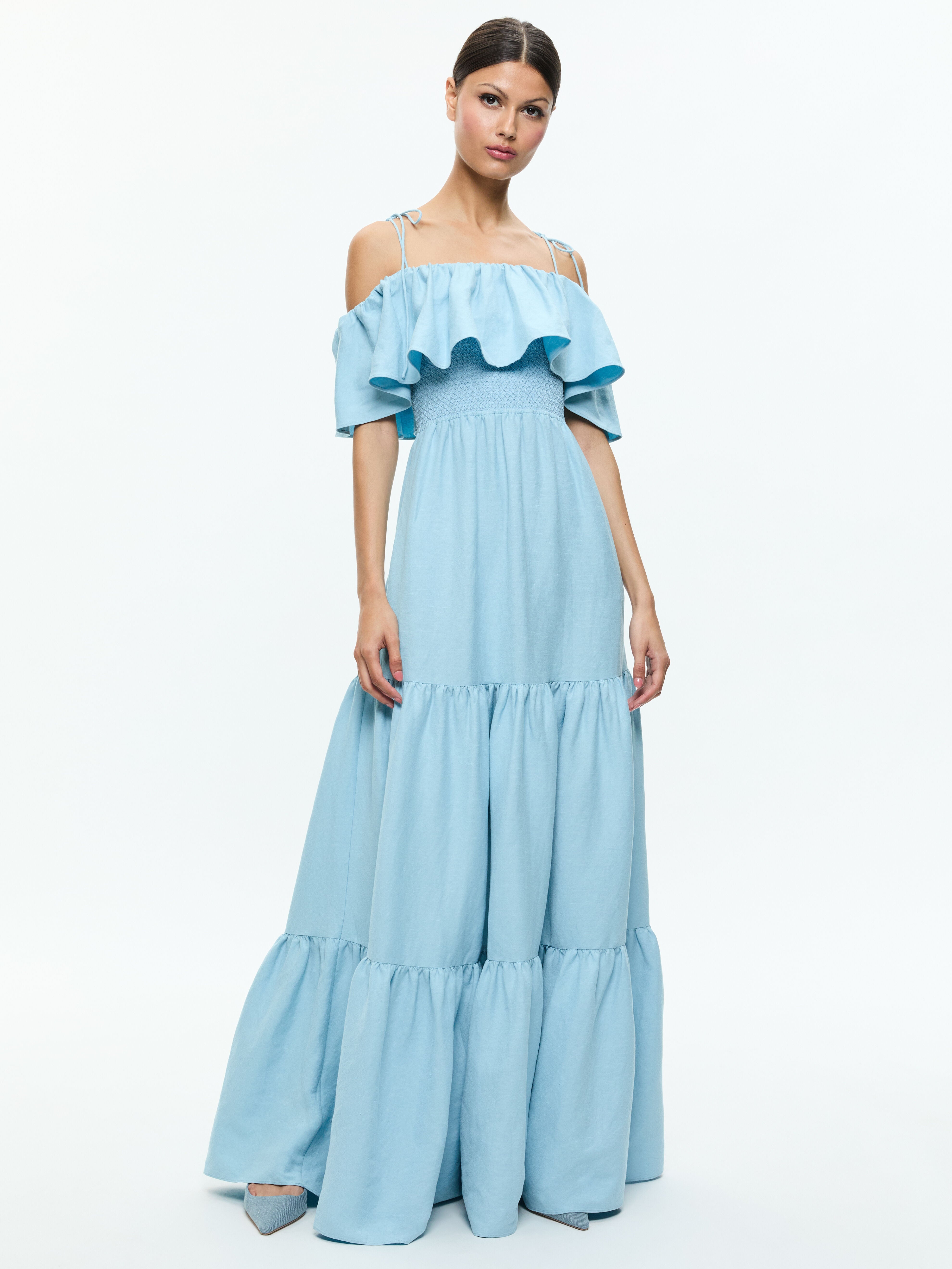 KIA OFF THE SHOULDER TIERED MAXI DRESS