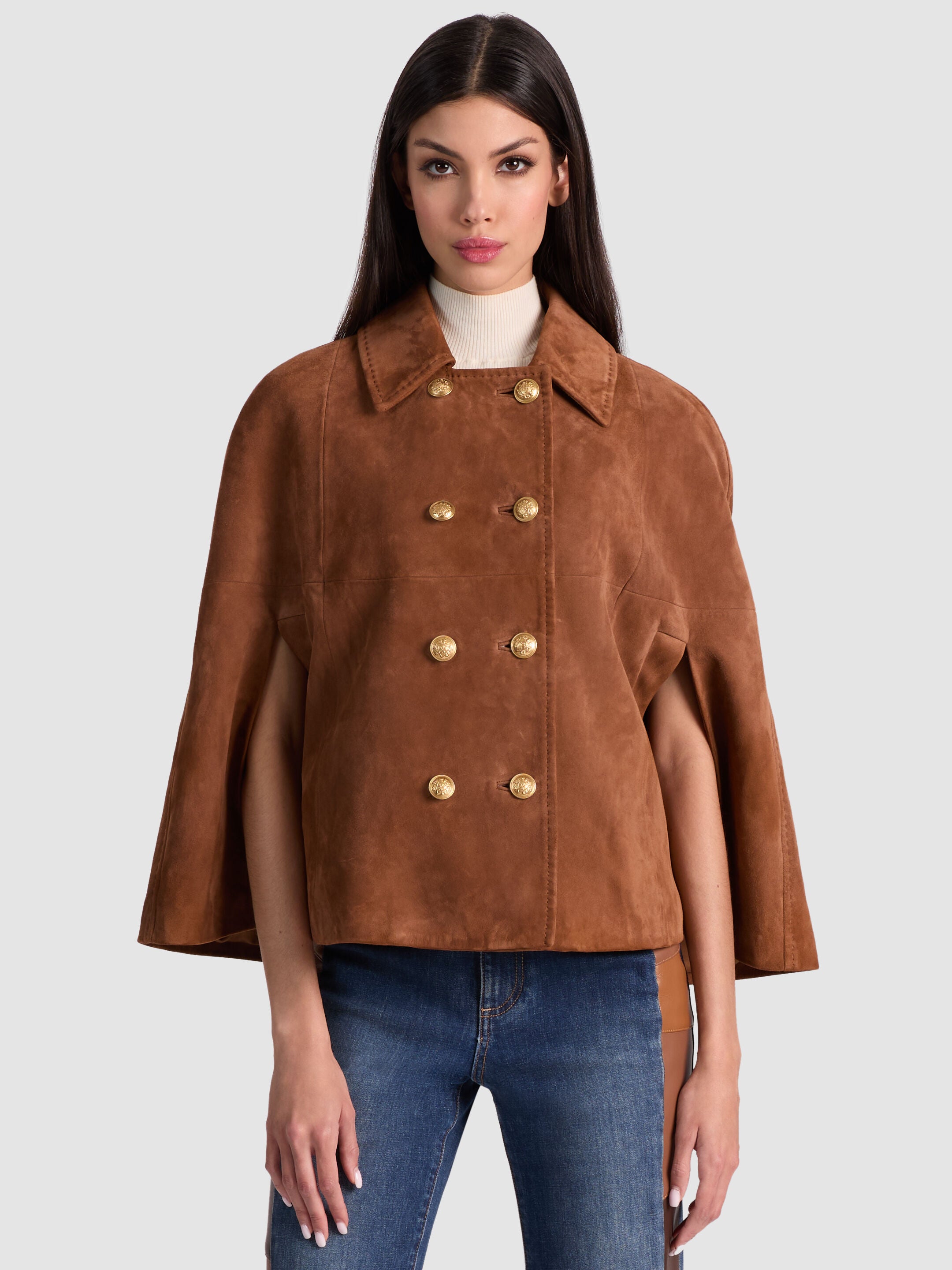 REYNALDA SUEDE DBL BREASTED MINI CAPE