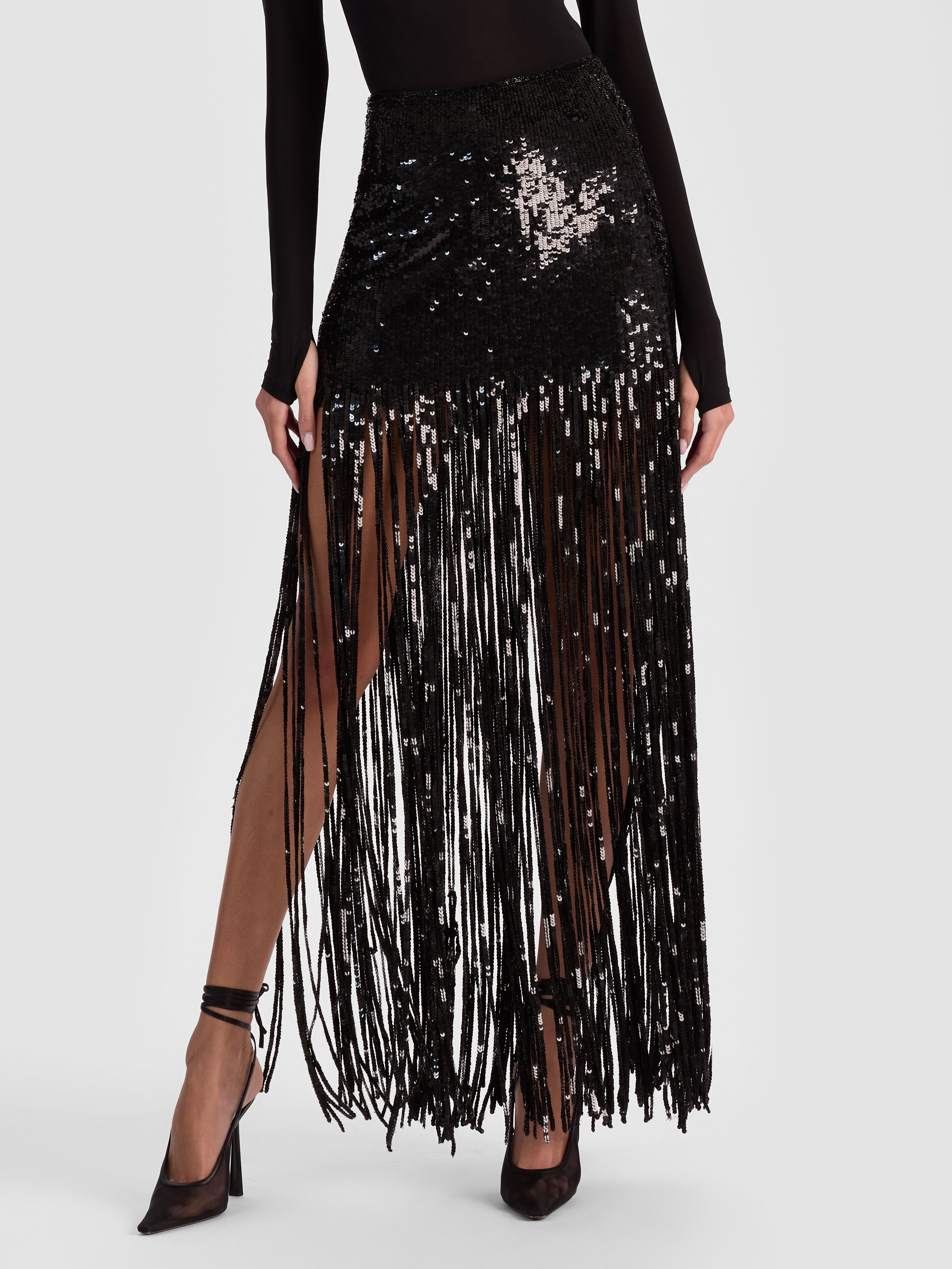 KENDRA SEQUIN FRINGE MAXI SKIRT