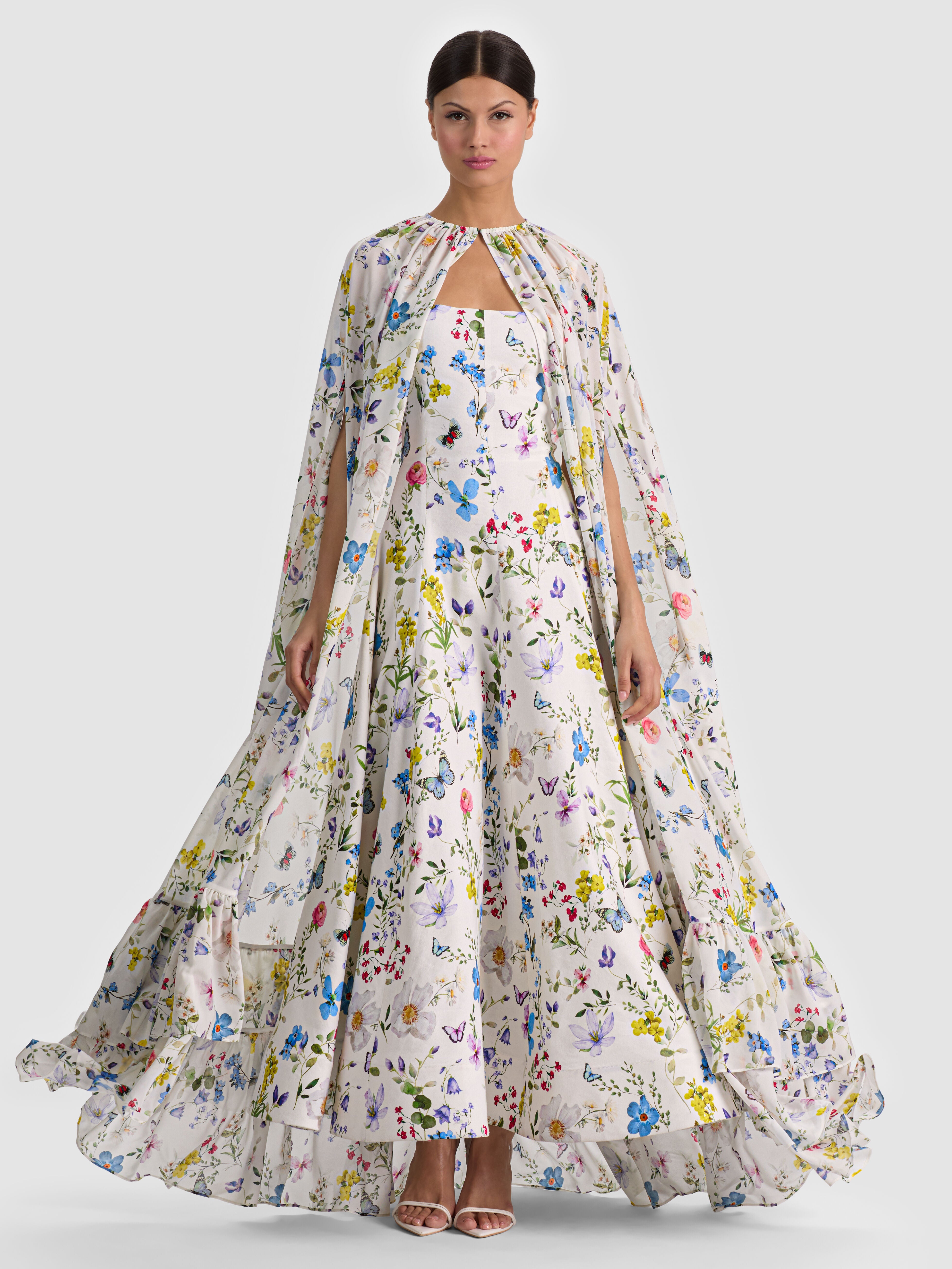 ROYA MAXI CAPE in TWISTING VINES OFF WHITE | ALICE + OLIVIA