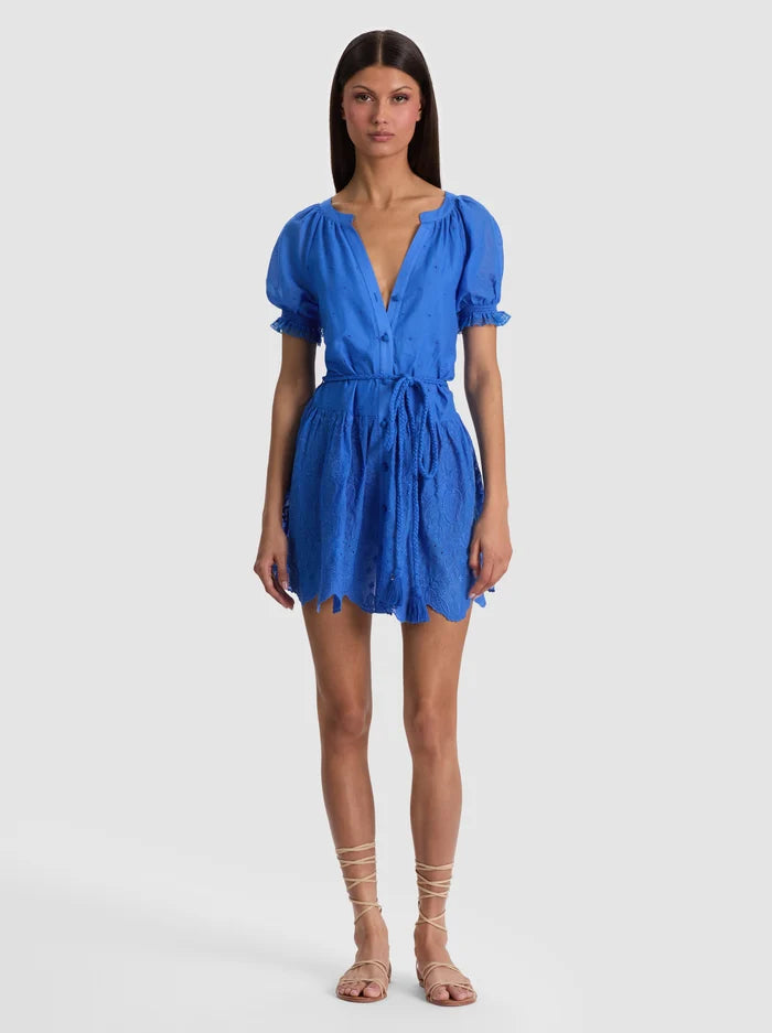 ALICE + OLIVIA Women's Thalia Tie-Waist Eyelet Cotton A-Line Minidress - Blue Iris