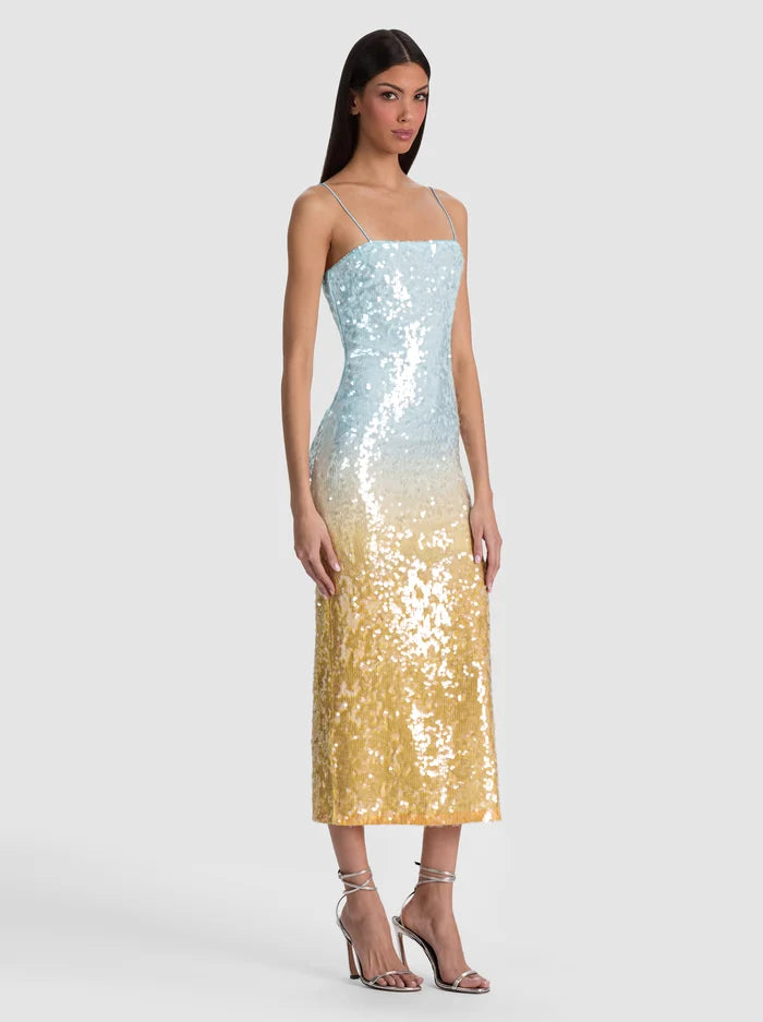 DELORA SEQUIN STRAPLESS MIDI DRESS in CLEAR SKIES