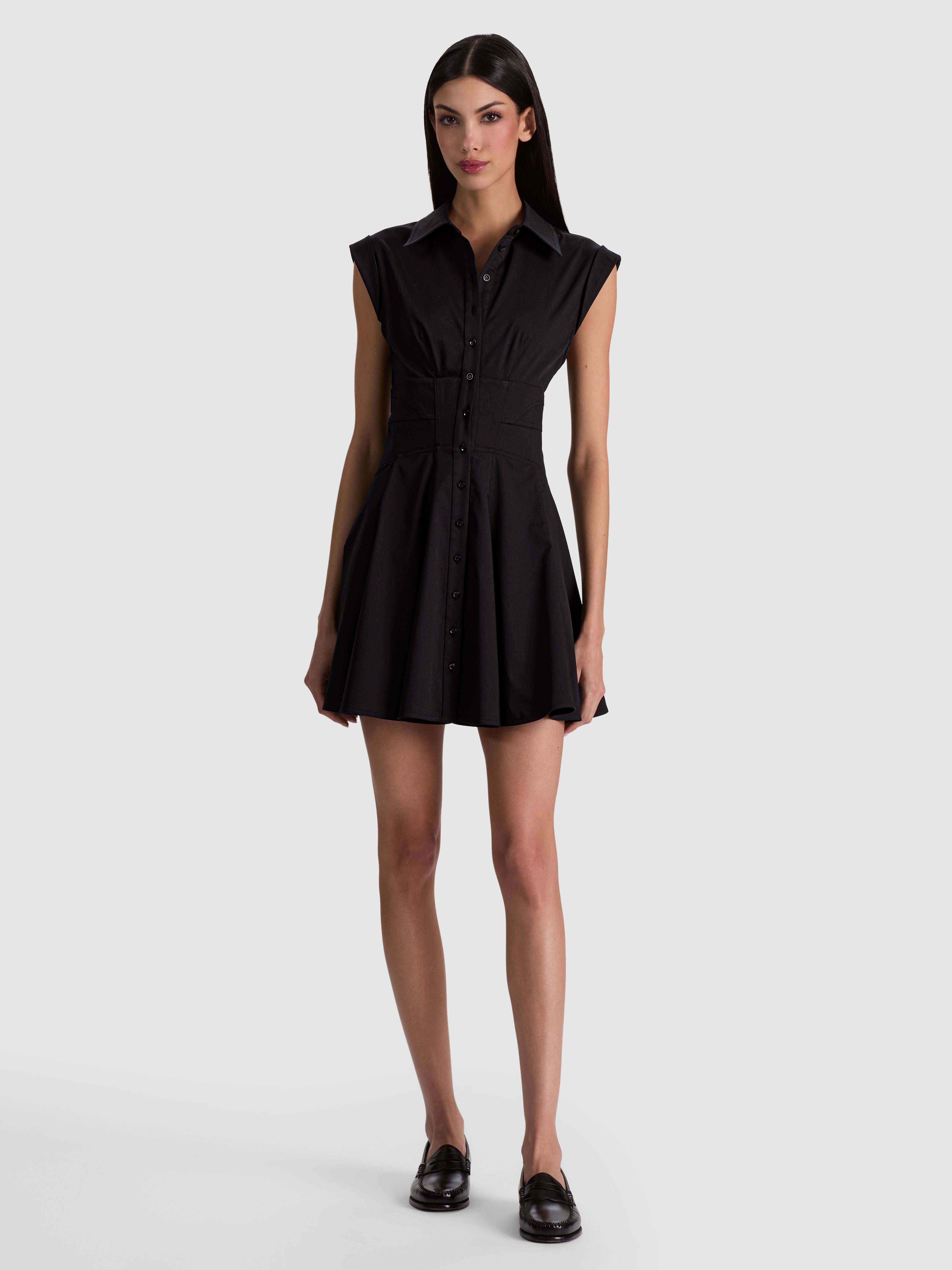 KIM PANELED CORSET FLARED MINI SHIRT DRESS in Black