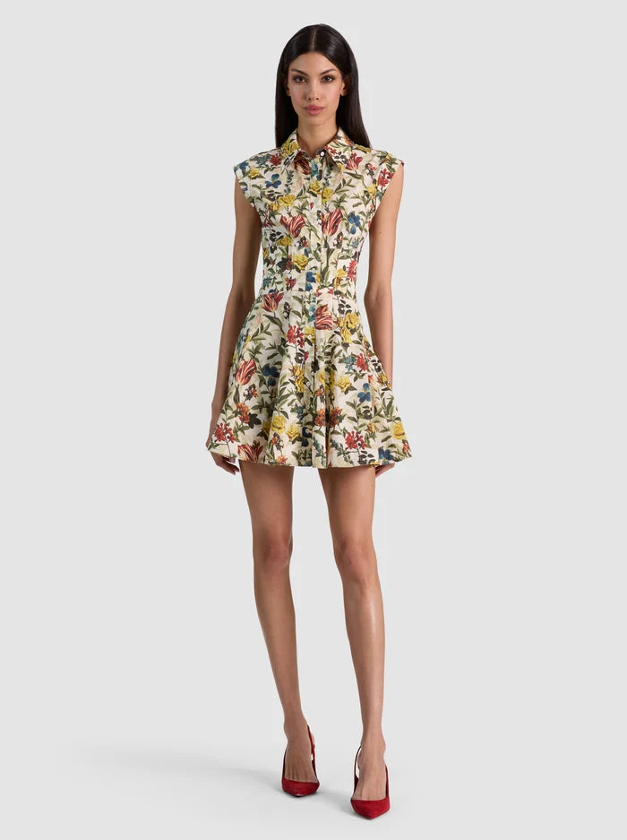 ALICE + OLIVIA Kim Paneled Corset Flared Mini Shirt Dress in Desert Sprigs Vanilla