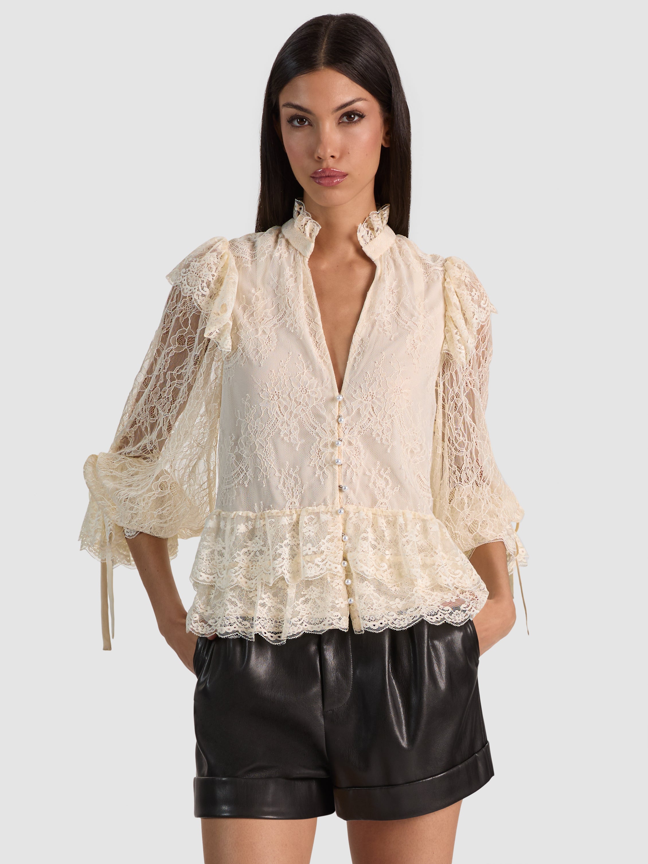 WILHELMINA LACE RUFFLE TOP in CHINO | ALICE + OLIVIA