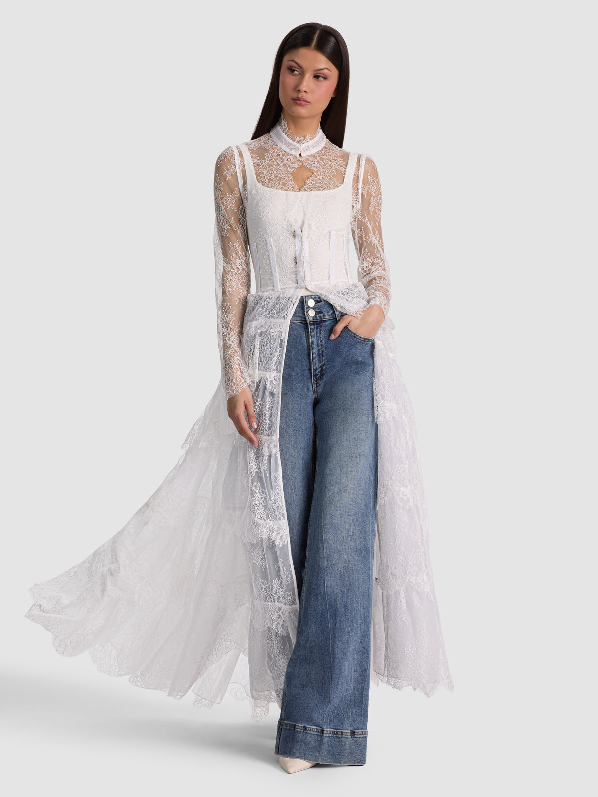 XAVIER TIERED LACE MAXI COAT - BIANCO SPORCO