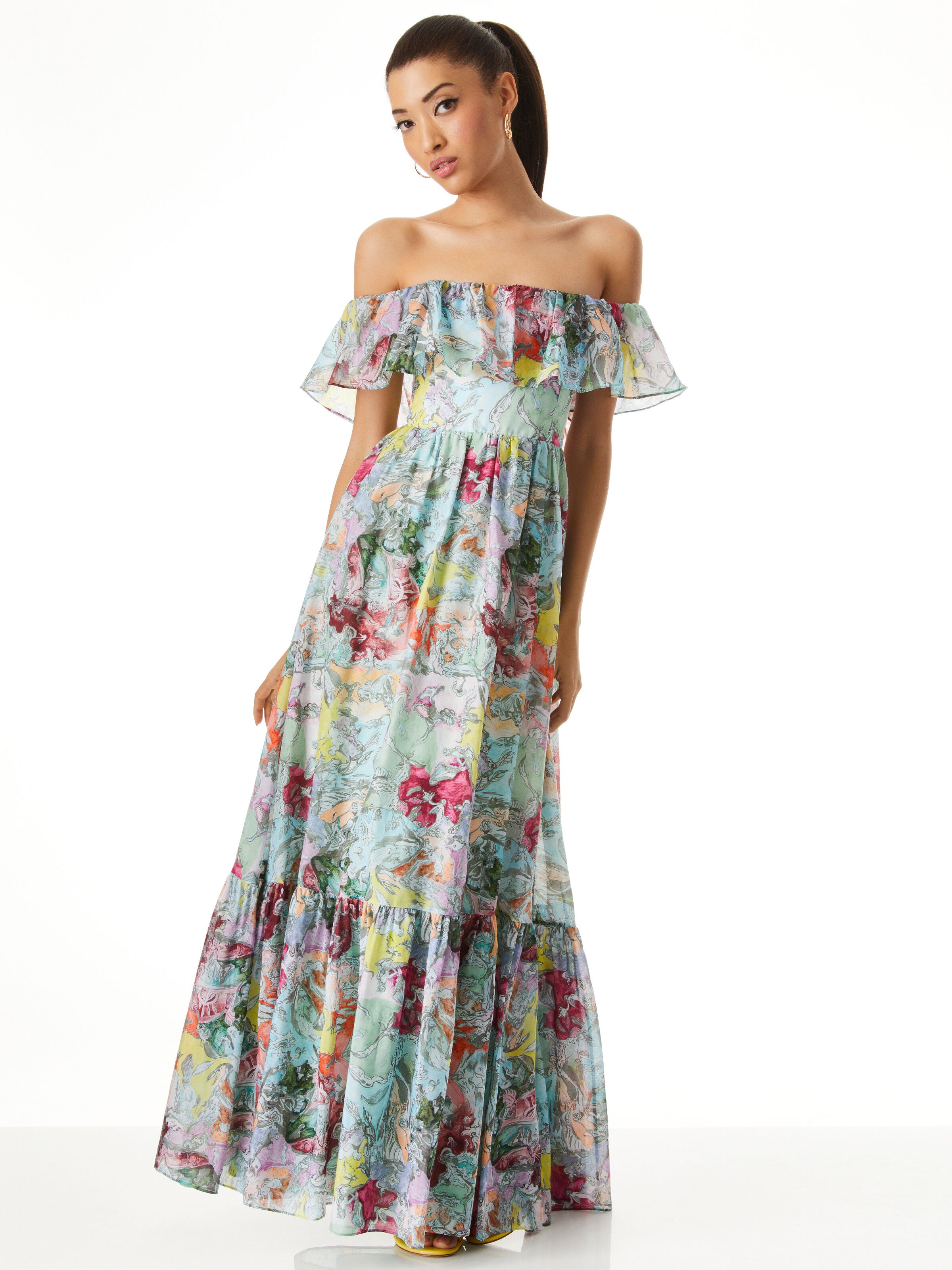 ROBE LONGUE À VOLANTS ÉPAULES DÉNUDÉES TEMPIE A+O X LOLA SCHNABEL