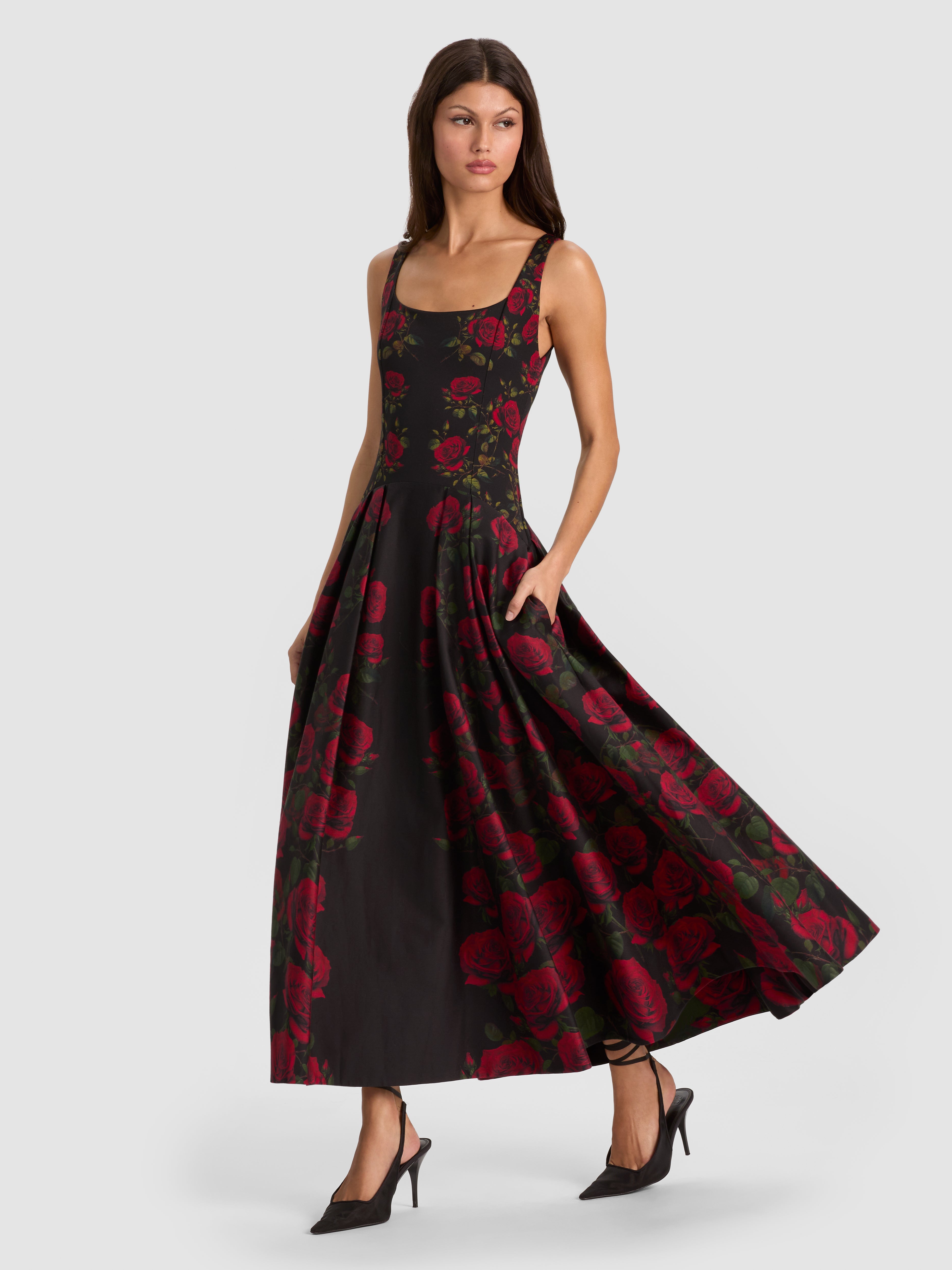 ADLEY DROP WAIST MIDI DRESS in ROUGE ROMANCE BLACK | ALICE + OLIVIA