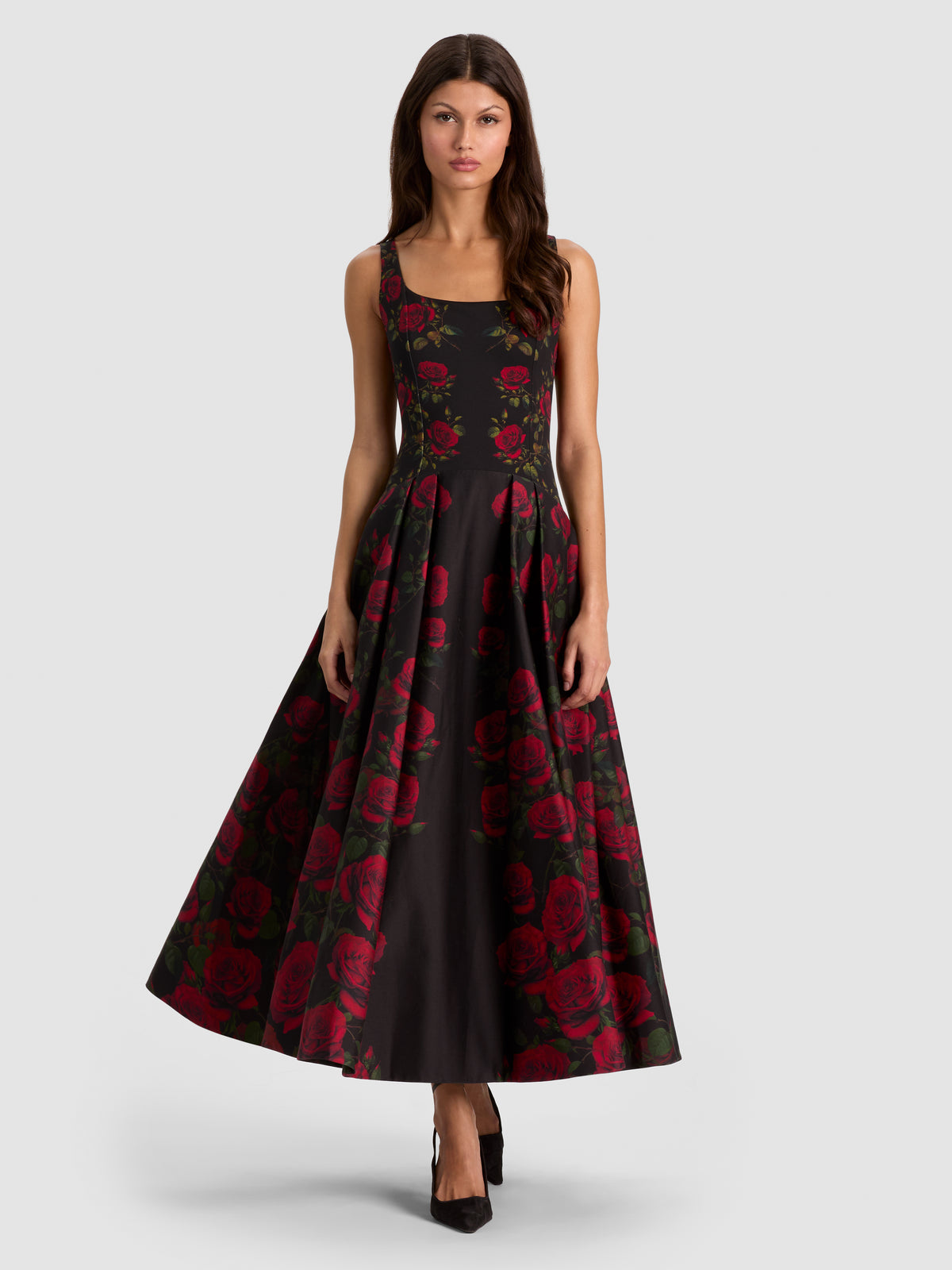ADLEY DROP WAIST MIDI DRESS - ROUGE ROMANCE BLACK