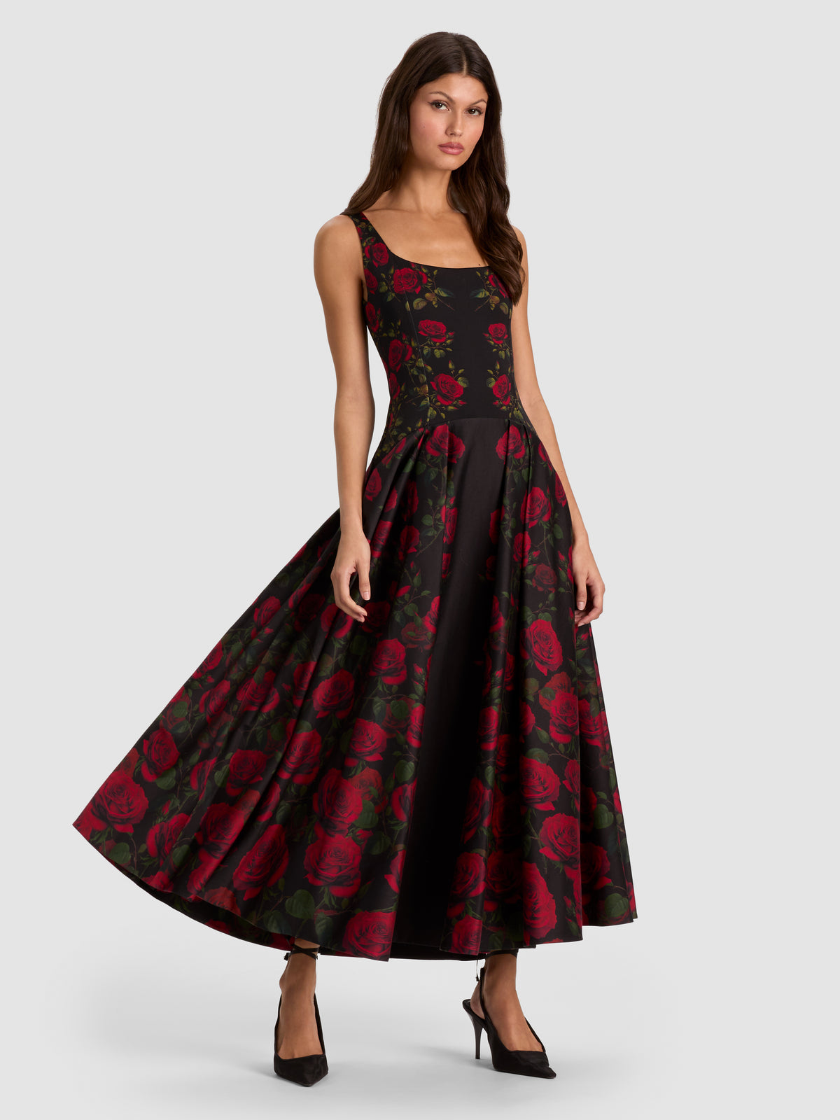 ADLEY DROP WAIST MIDI DRESS - ROUGE ROMANCE BLACK