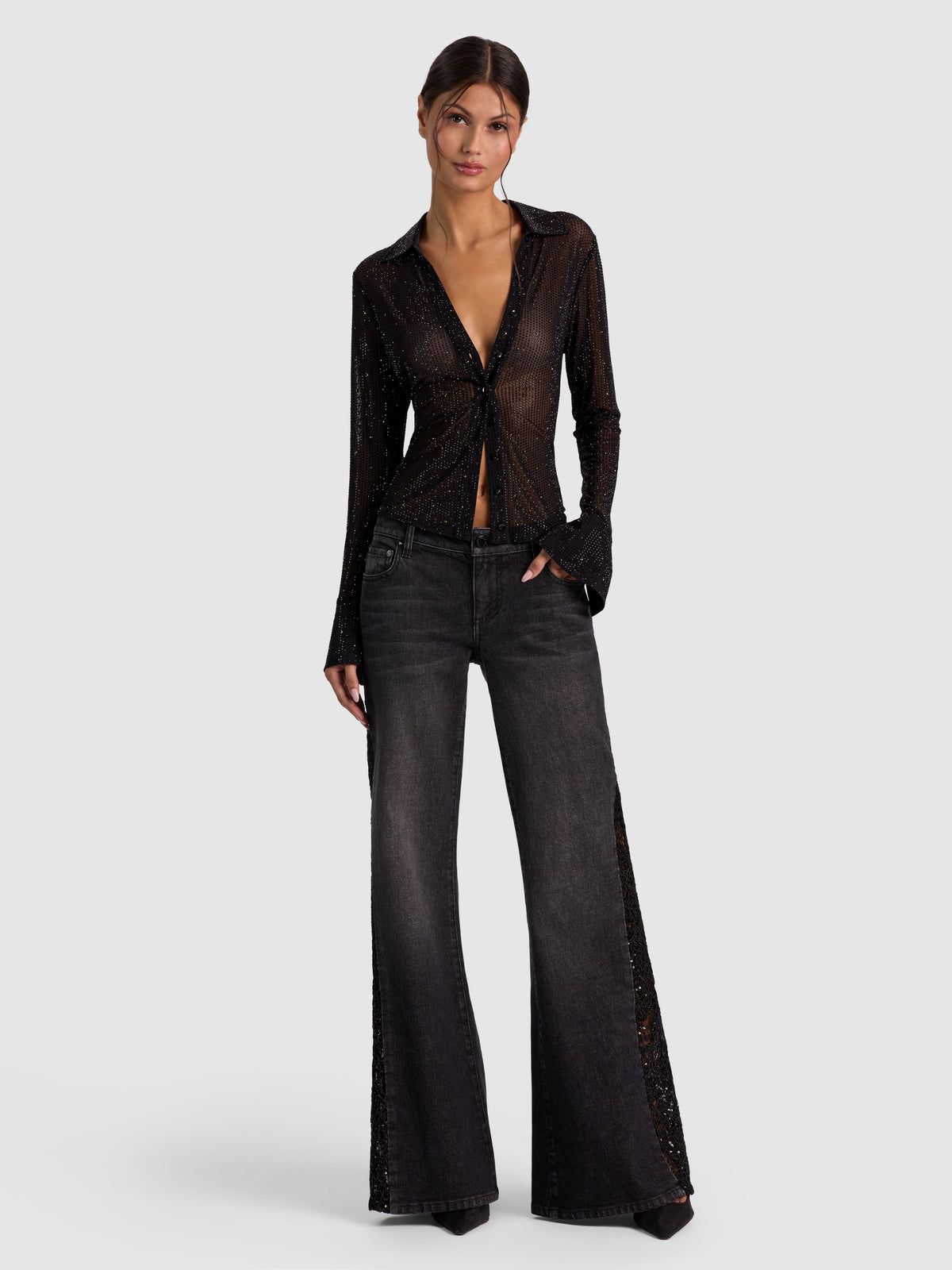 JEANS SIRENA A ZAMPA LR CON FIANCHI IN PIZZO - CLARISSA NERO/NERO