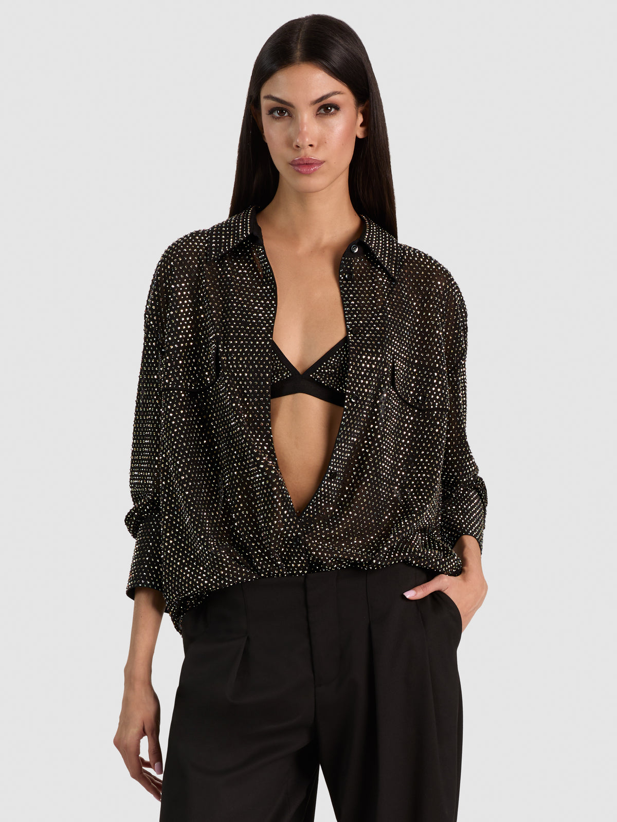 FINELY EMBELLISHED OVERSIZED UTILITY SHIRT-BLACK/GUNMETAL-ALICE + OLIVIA