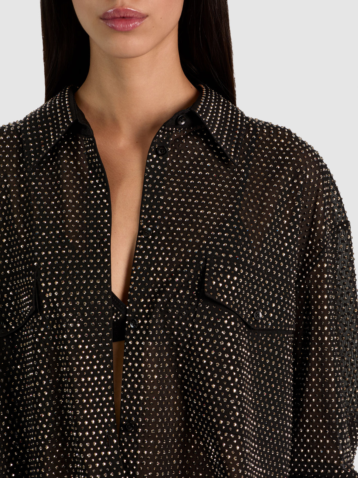 FINELY EMBELLISHED OVERSIZED UTILITY SHIRT-BLACK/GUNMETAL-ALICE + OLIVIA