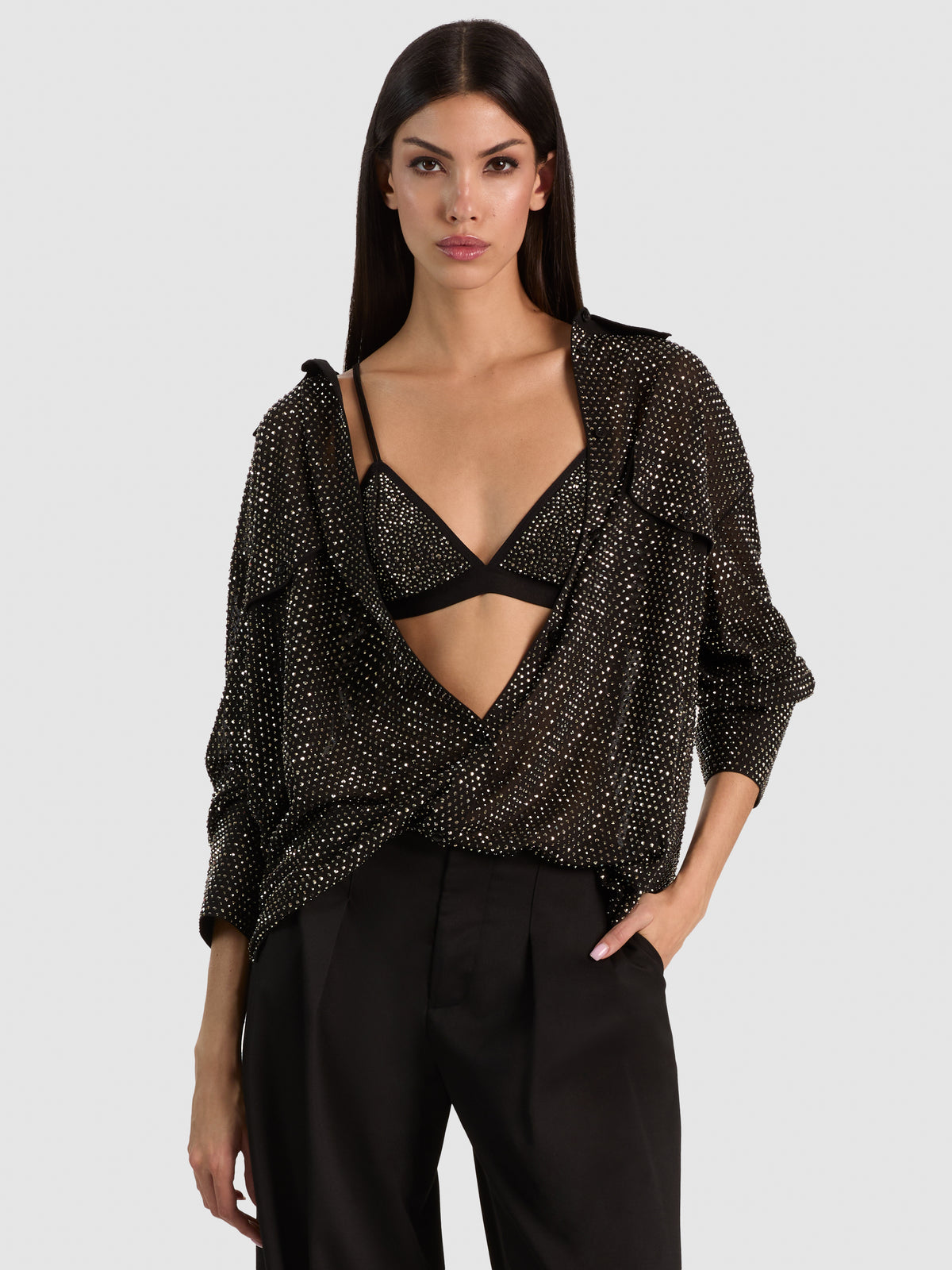 LUCIA EMBELLISHED BRA TOP - BLACK/GUNMETAL