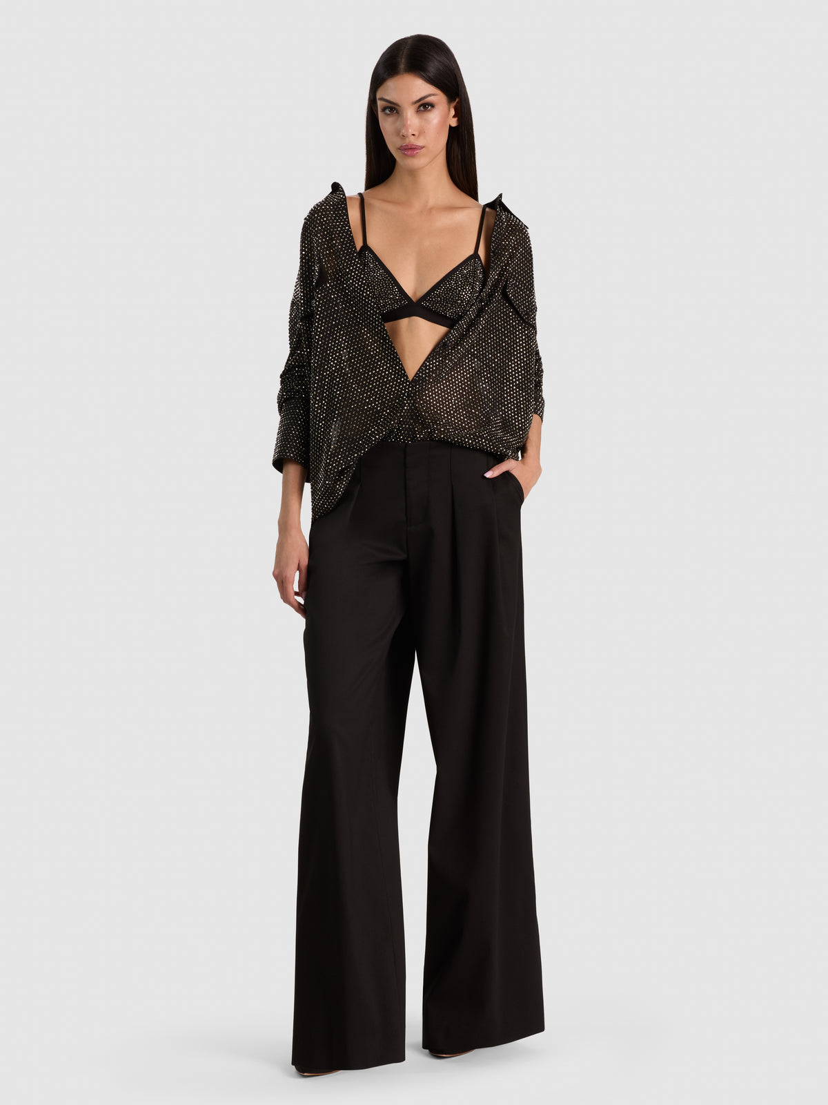 LUCIA EMBELLISHED BRA TOP-BLACK/GUNMETAL-ALICE + OLIVIA