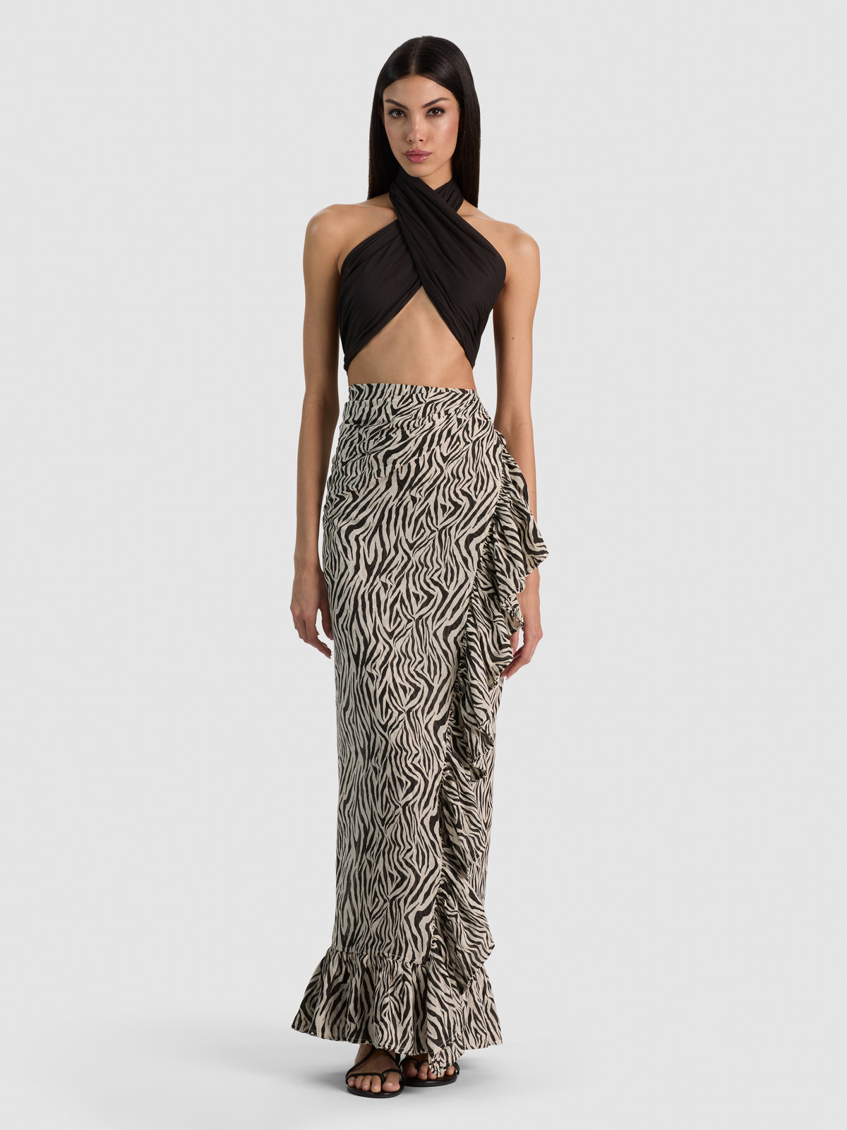A+O X CONIGLIO PALM BEACH RUFFLE POWER PAREO-ZEBRA PRINT-ALICE + OLIVIA