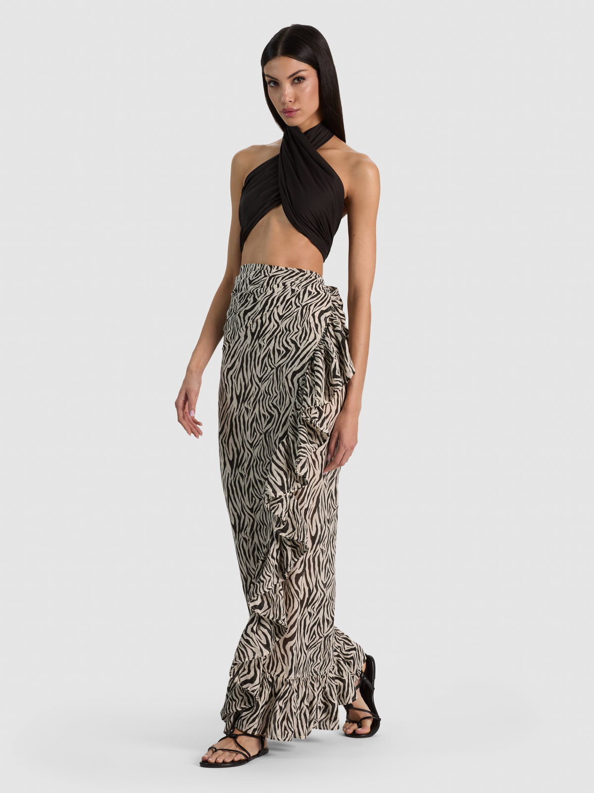 A+O X CONIGLIO PALM BEACH RUFFLE POWER PAREO-ZEBRA PRINT-ALICE + OLIVIA