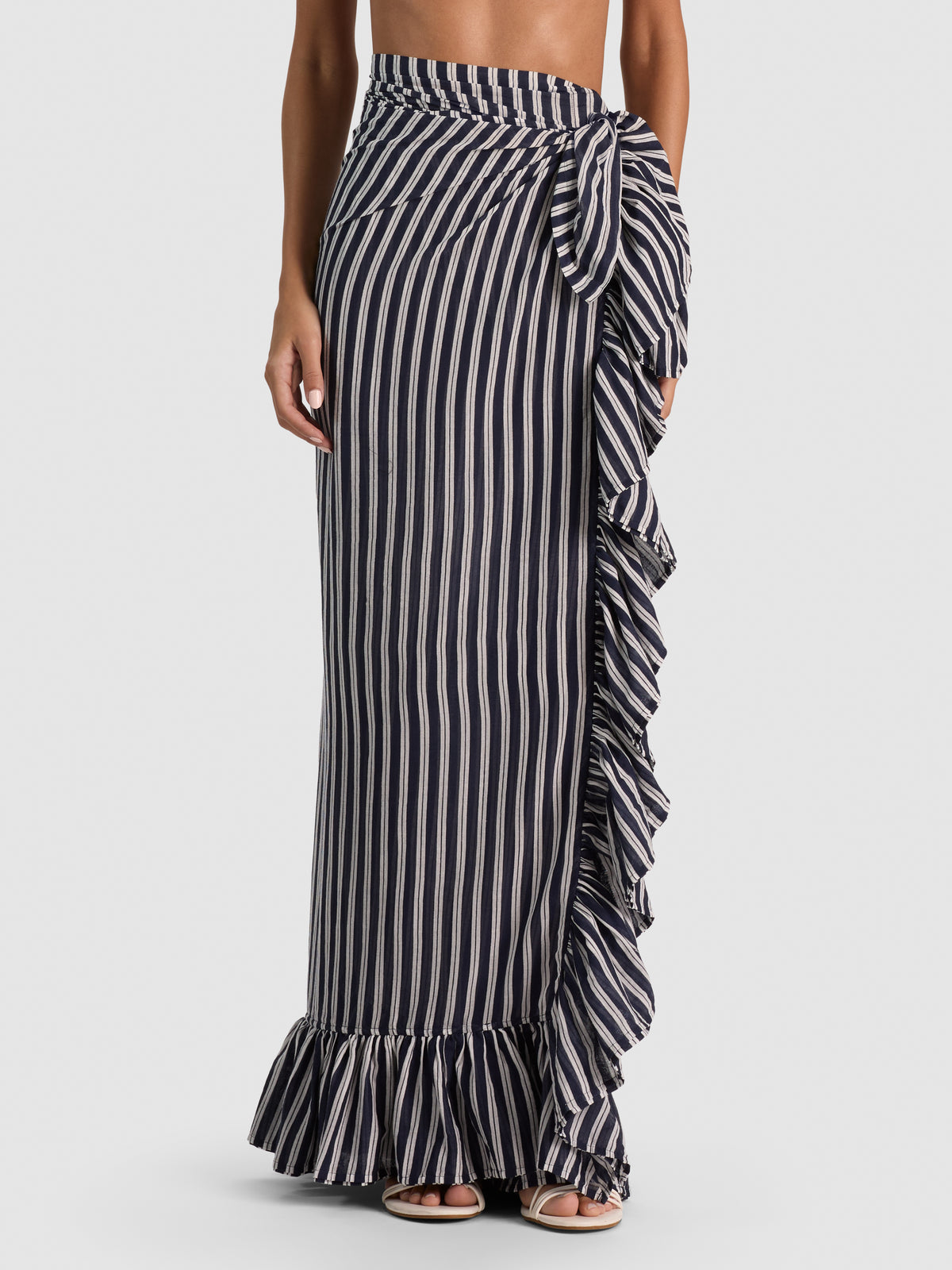 A+O X CONIGLIO PALM BEACH RUFFLE POWER PAREO-METRO STRIPE MIDNIGHT BLUE LG-ALICE + OLIVIA