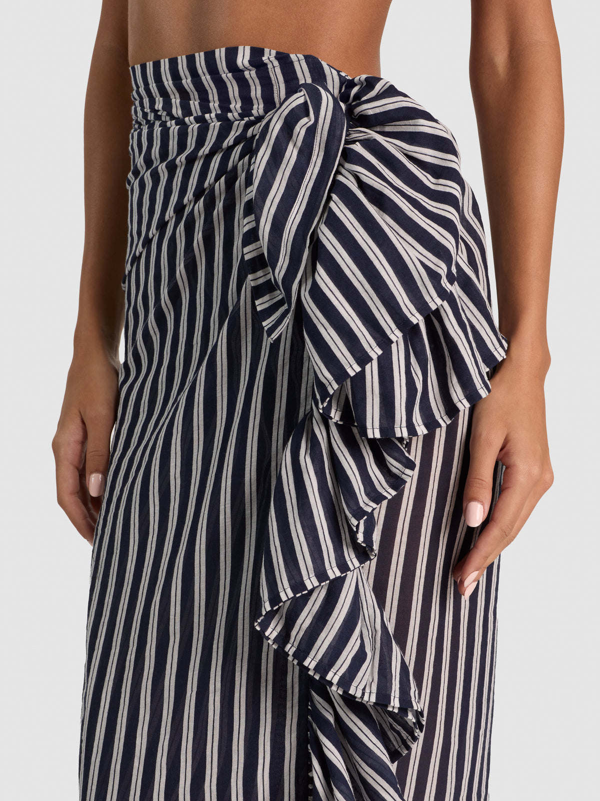 A+O X CONIGLIO PALM BEACH RUFFLE POWER PAREO-METRO STRIPE MIDNIGHT BLUE LG-ALICE + OLIVIA