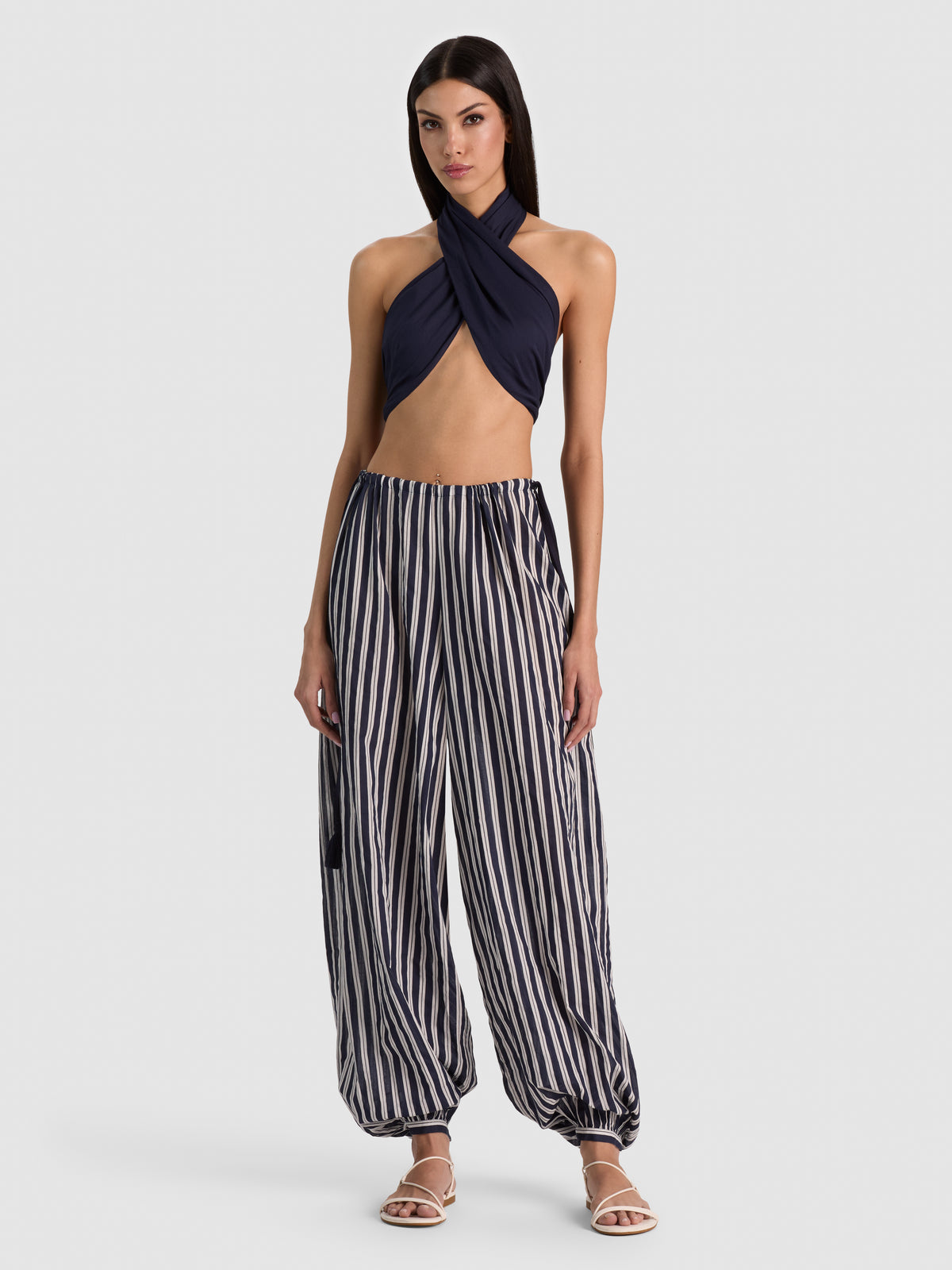 A+O X CONIGLIO PALM BEACH BUBBLE PANT - METRO STRIPE MIDNIGHT BLUE