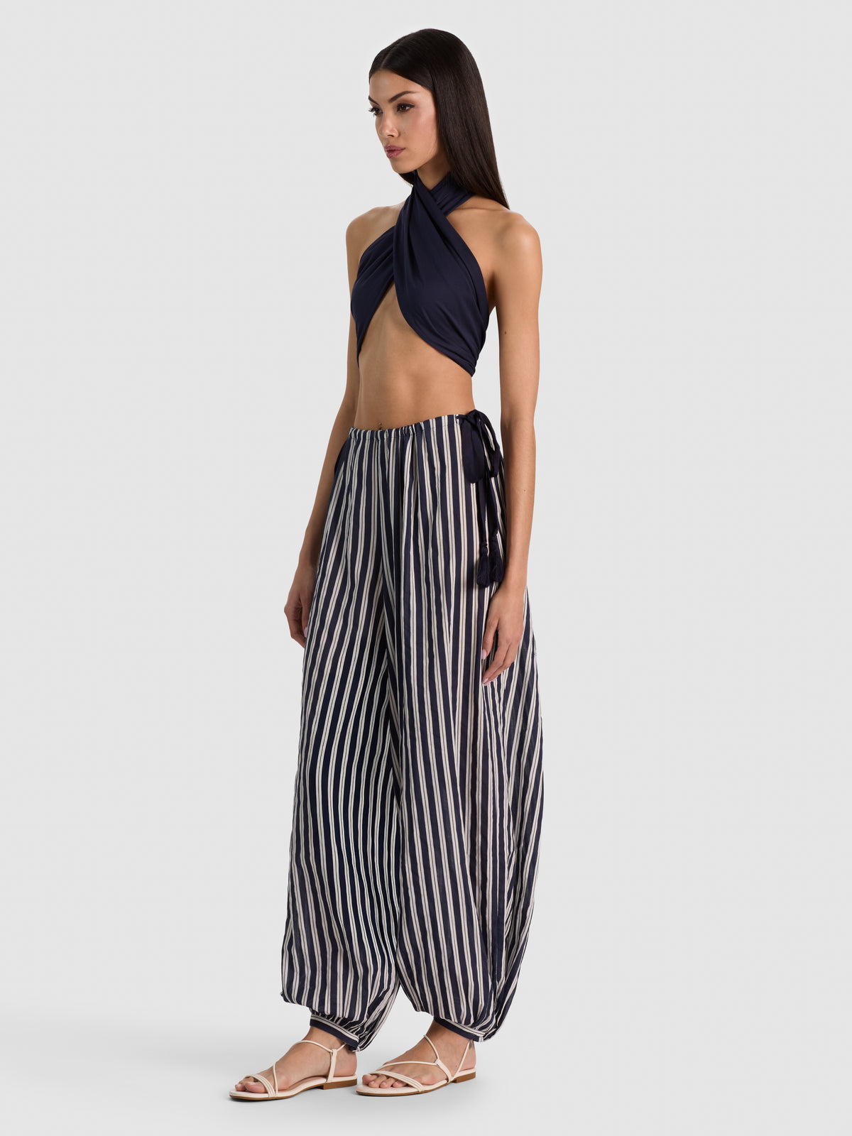 A+O X CONIGLIO PALM BEACH BUBBLE PANT-METRO STRIPE MIDNIGHT BLUE LG-ALICE + OLIVIA