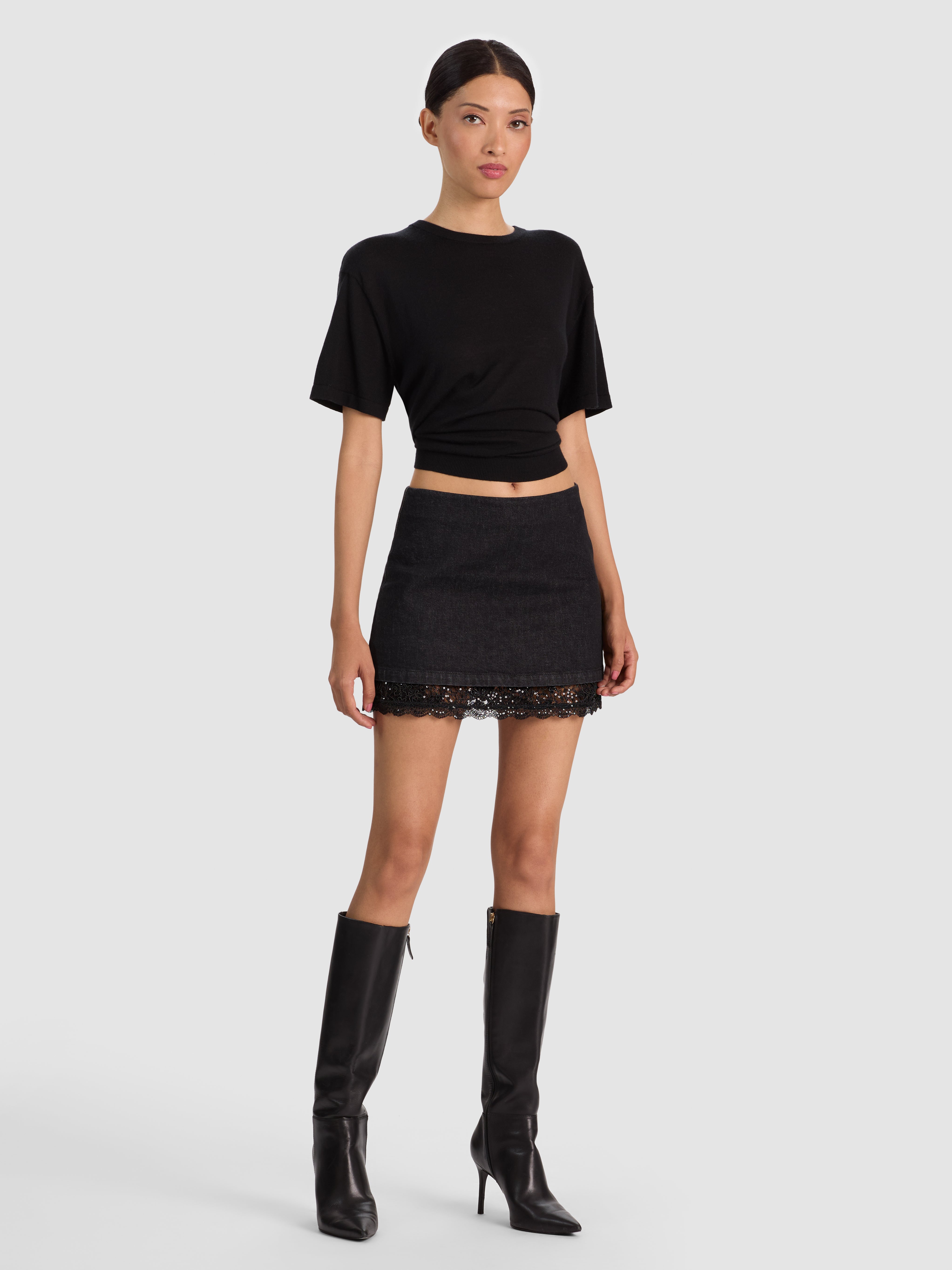 RUBI DENIM LACE TRIM MINI SKIRT in CLARISSA BLACK/BLACK | ALICE +