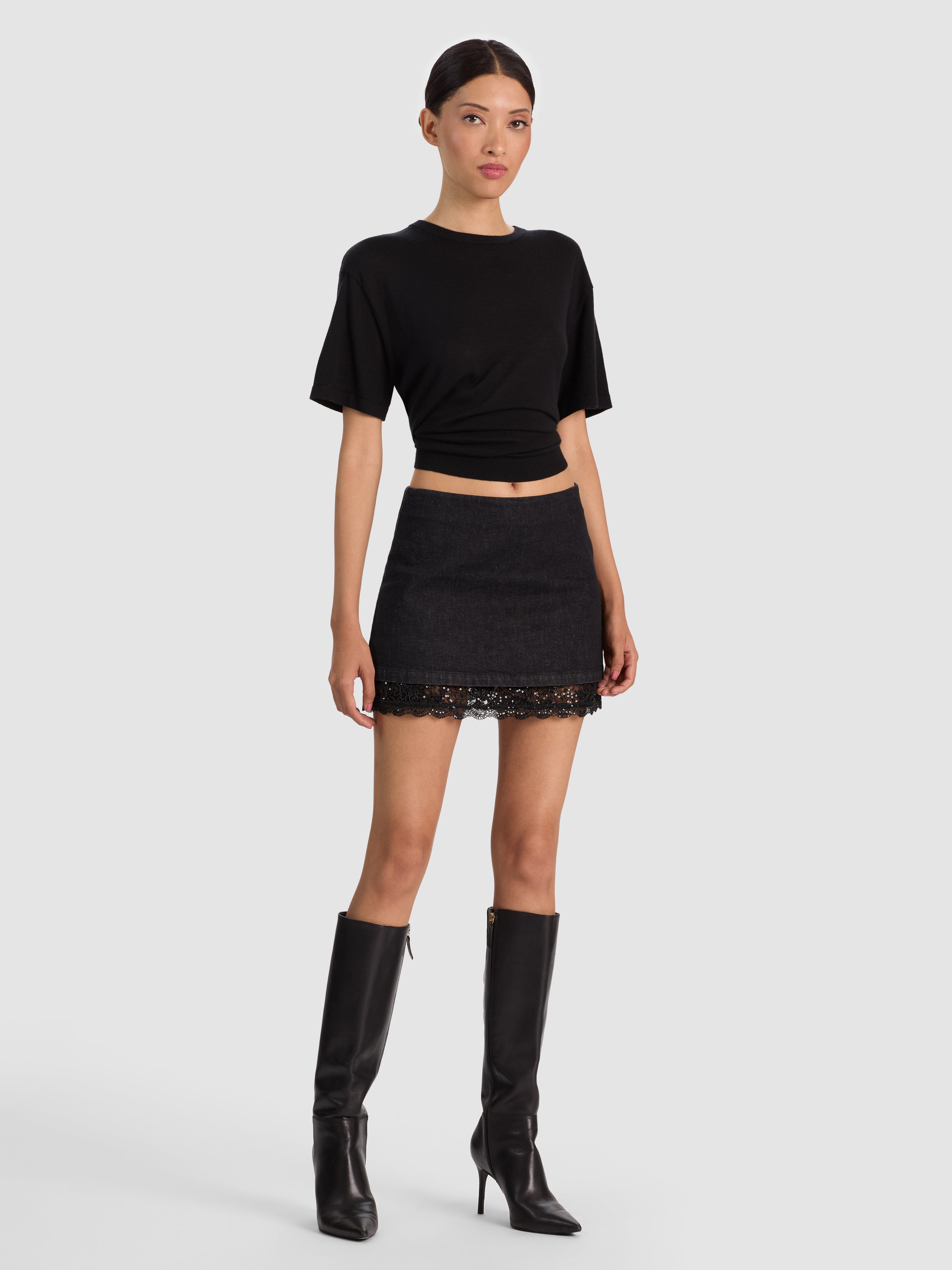 RUBI DENIM LACE TRIM MINI SKIRT-CLARISSA BLACK/BLACK-ALICE + OLIVIA