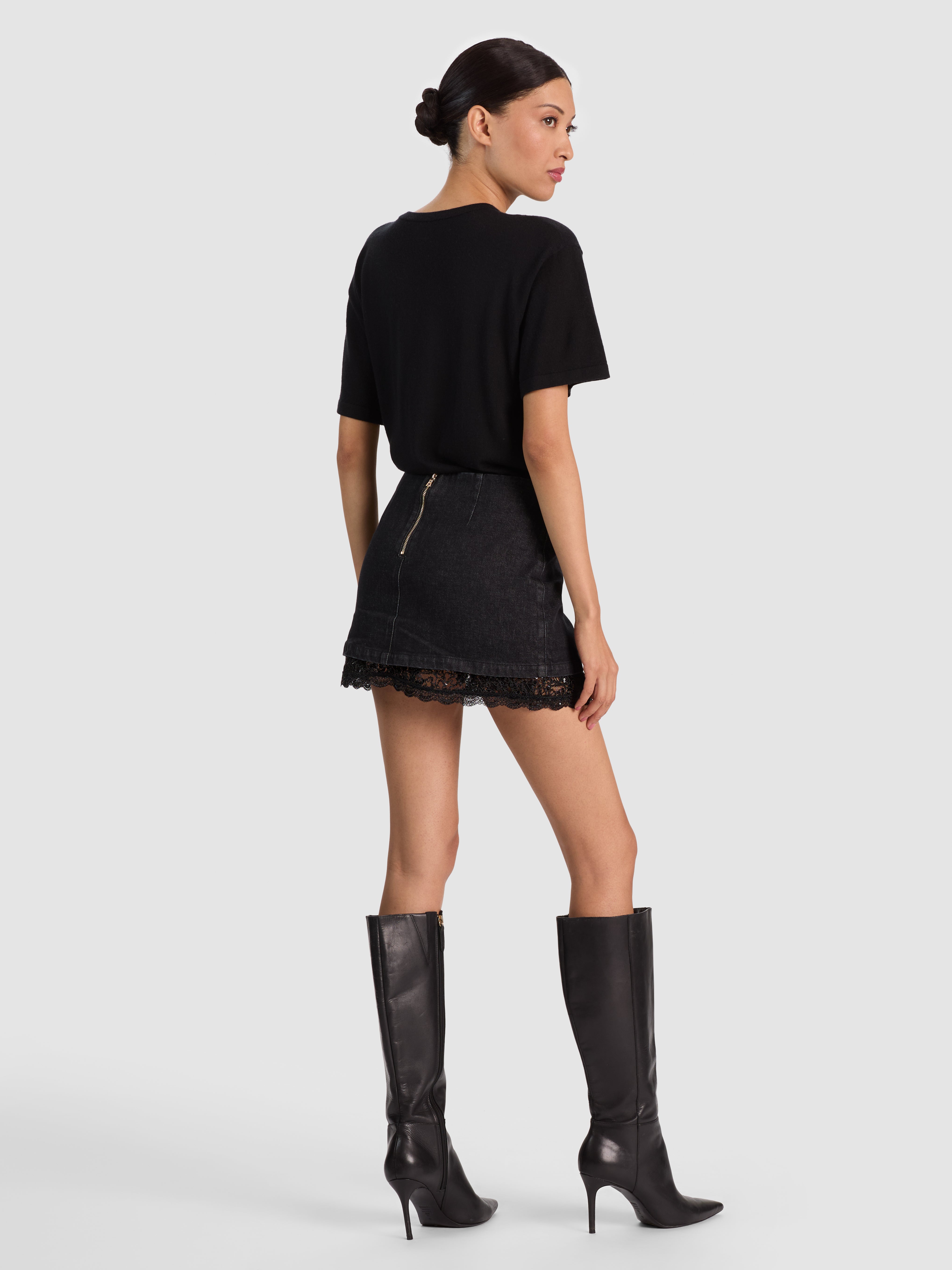 RUBI DENIM LACE TRIM MINI SKIRT in CLARISSA BLACK/BLACK | ALICE +
