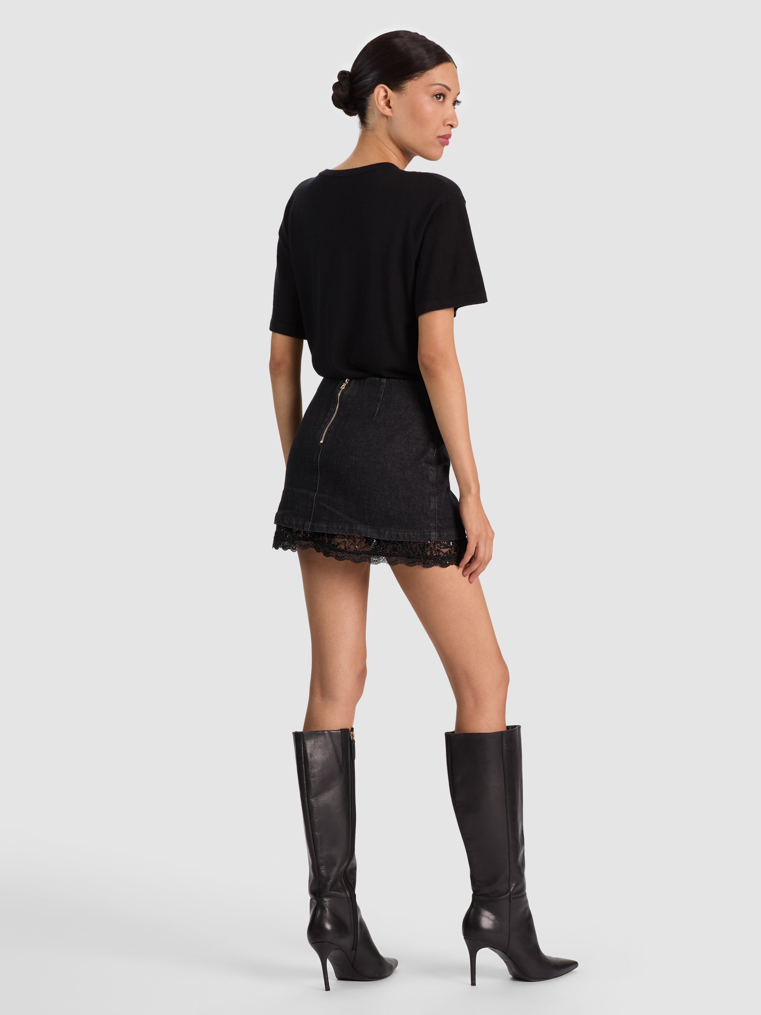 RUBI DENIM LACE TRIM MINI SKIRT-CLARISSA BLACK/BLACK-ALICE + OLIVIA