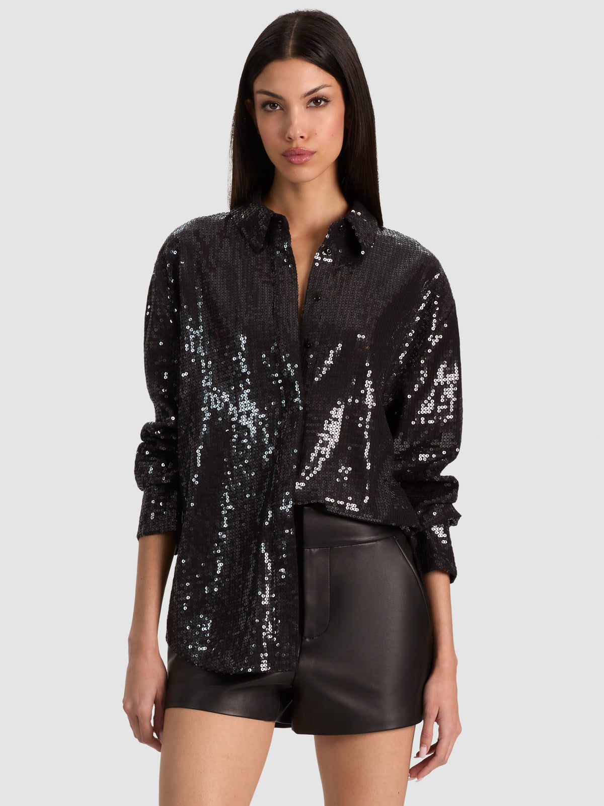 DIMITRA SEQUIN OVERSIZED BUTTON DOWN in Black | ALICE + OLIVIA