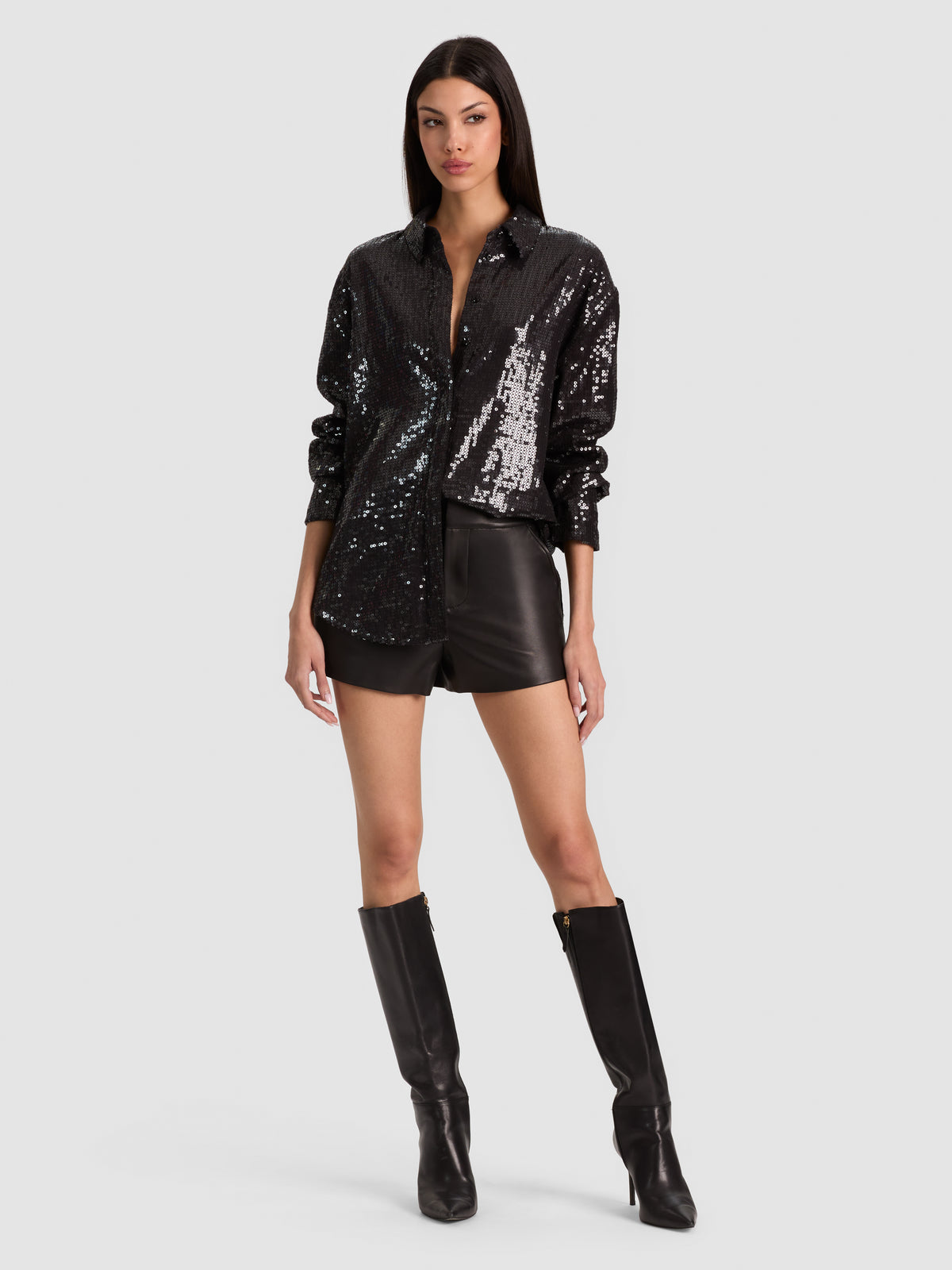 DIMITRA SEQUIN OVERSIZED BUTTON DOWN - BLACK