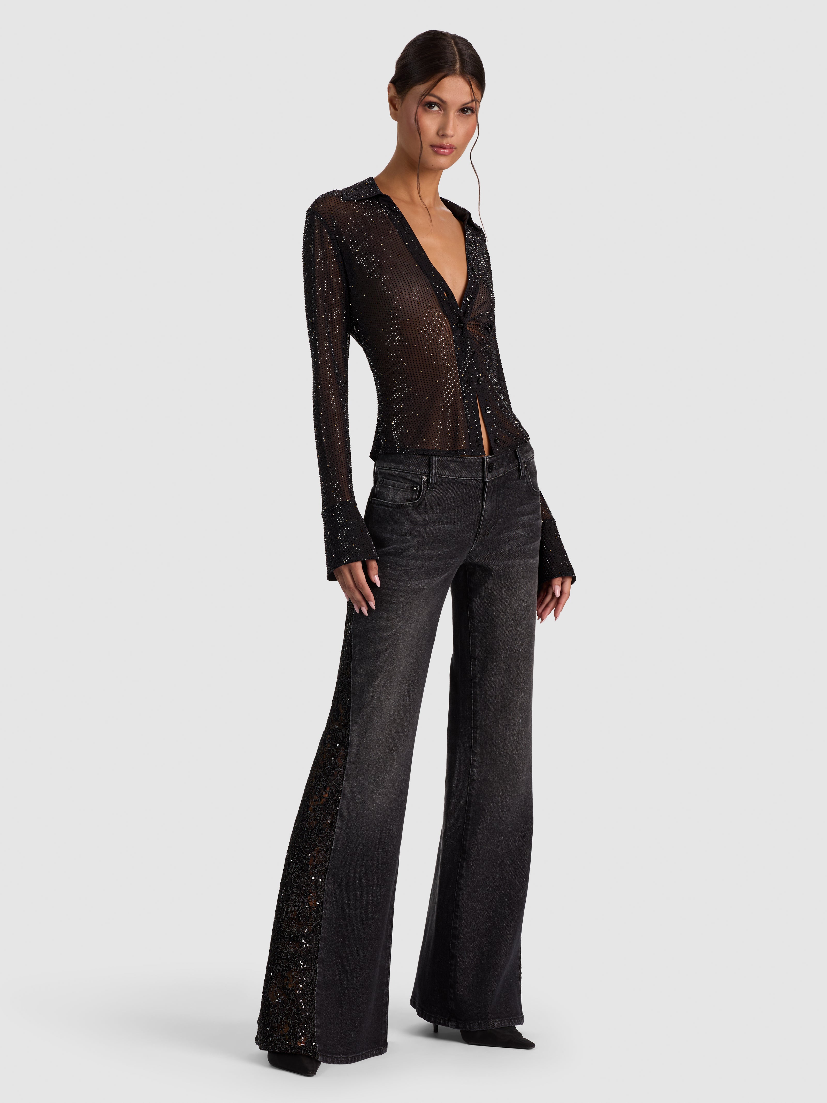 FREYA EMBELLISHED BUTTON DOWN TOP-BLACK/GOLD-ALICE + OLIVIA