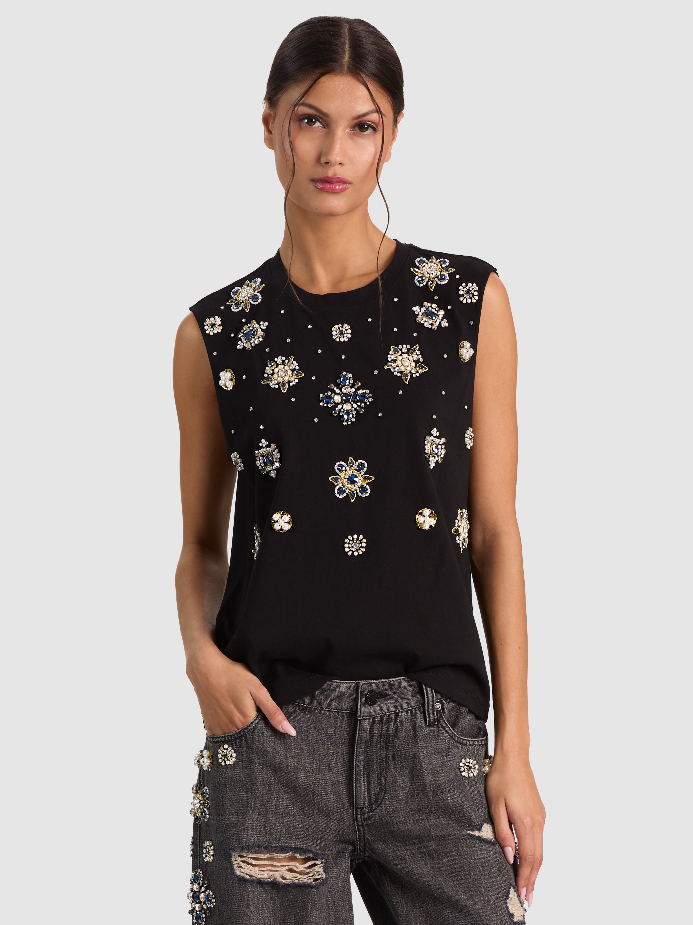 MICAH EMBELLISHED MUSCLE TEE-ALICE + OLIVIA