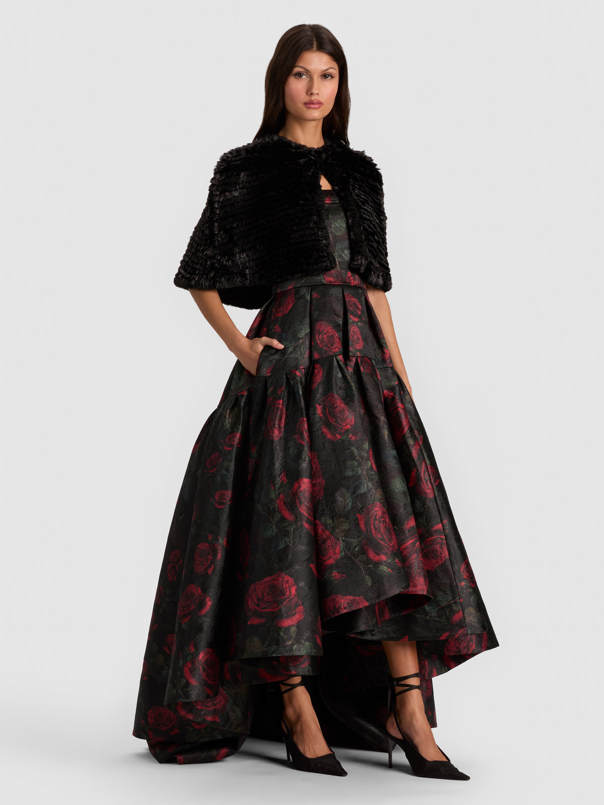 DEIRDRE FAUX FUR CAPELET-Black-ALICE + OLIVIA