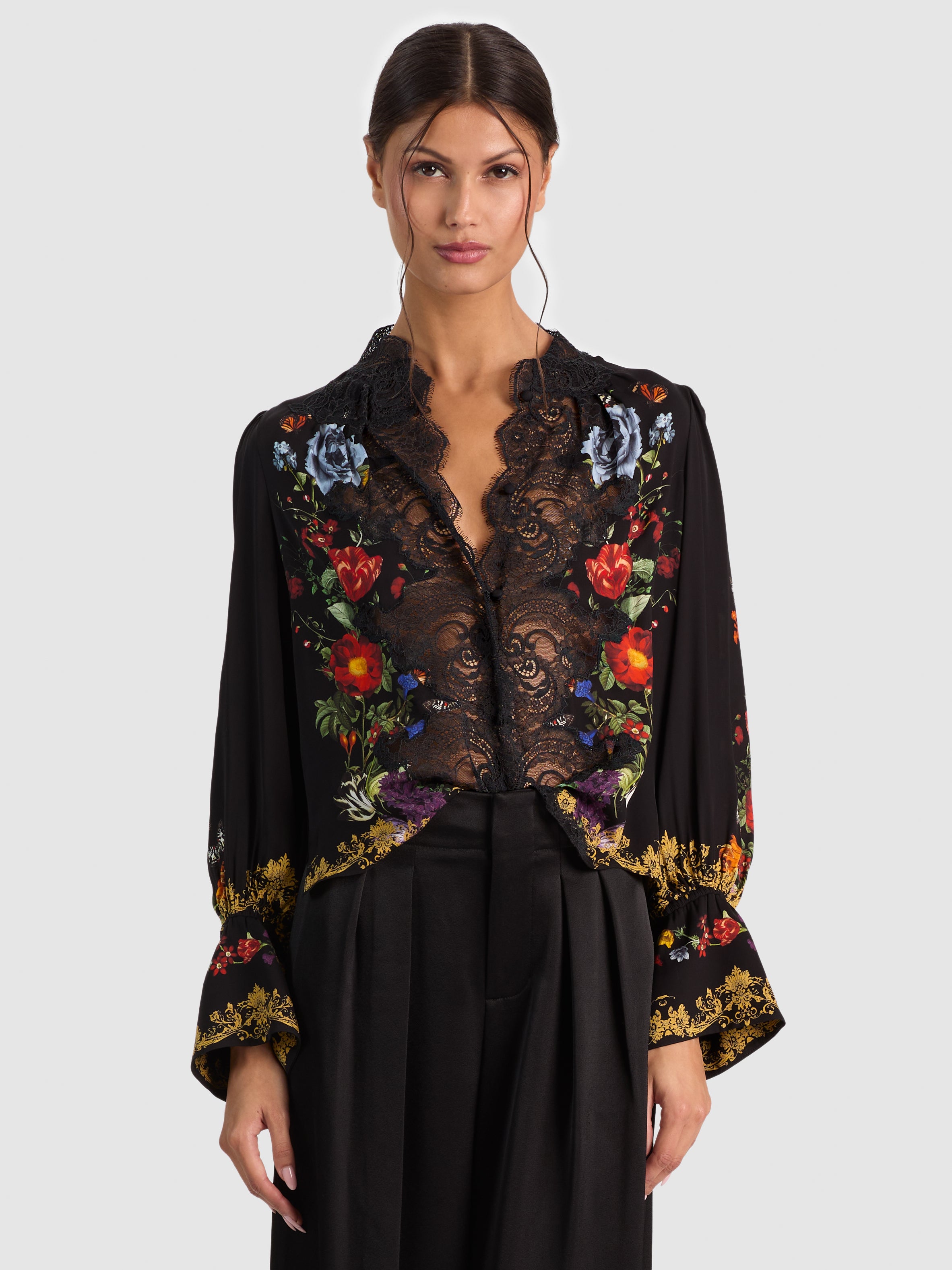 MARION BLOUSE PLISSÉE À MANCHES COURTES EN DENTELLE-ALICE + OLIVIA