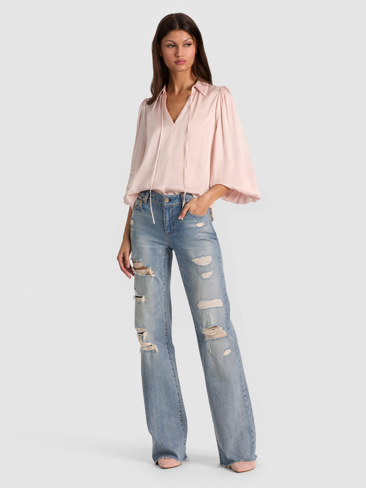 ROANNE TIE FRONT BLOUSE - BLUSH